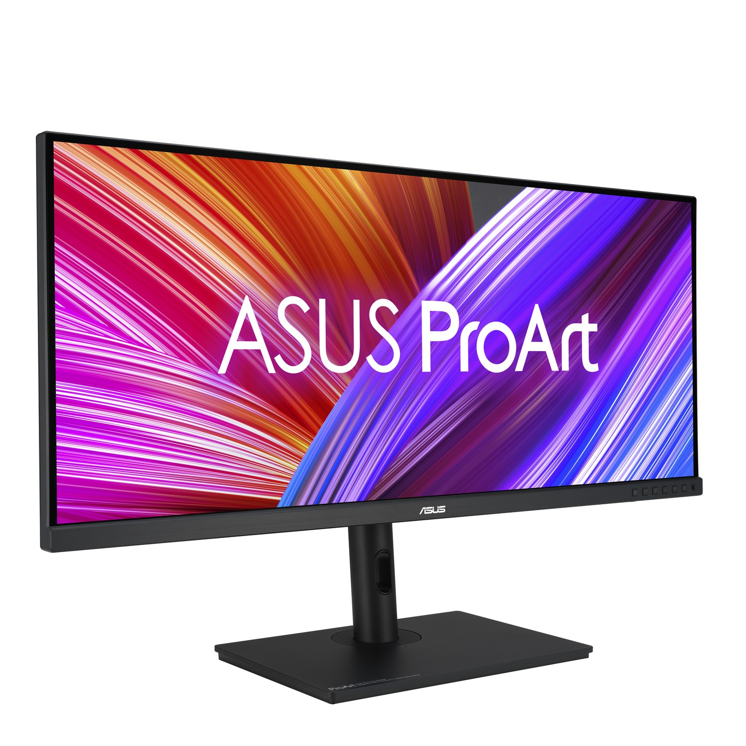 ASUS ProArt monitor on white. Screen displays colorful abstract design. Black stand.
