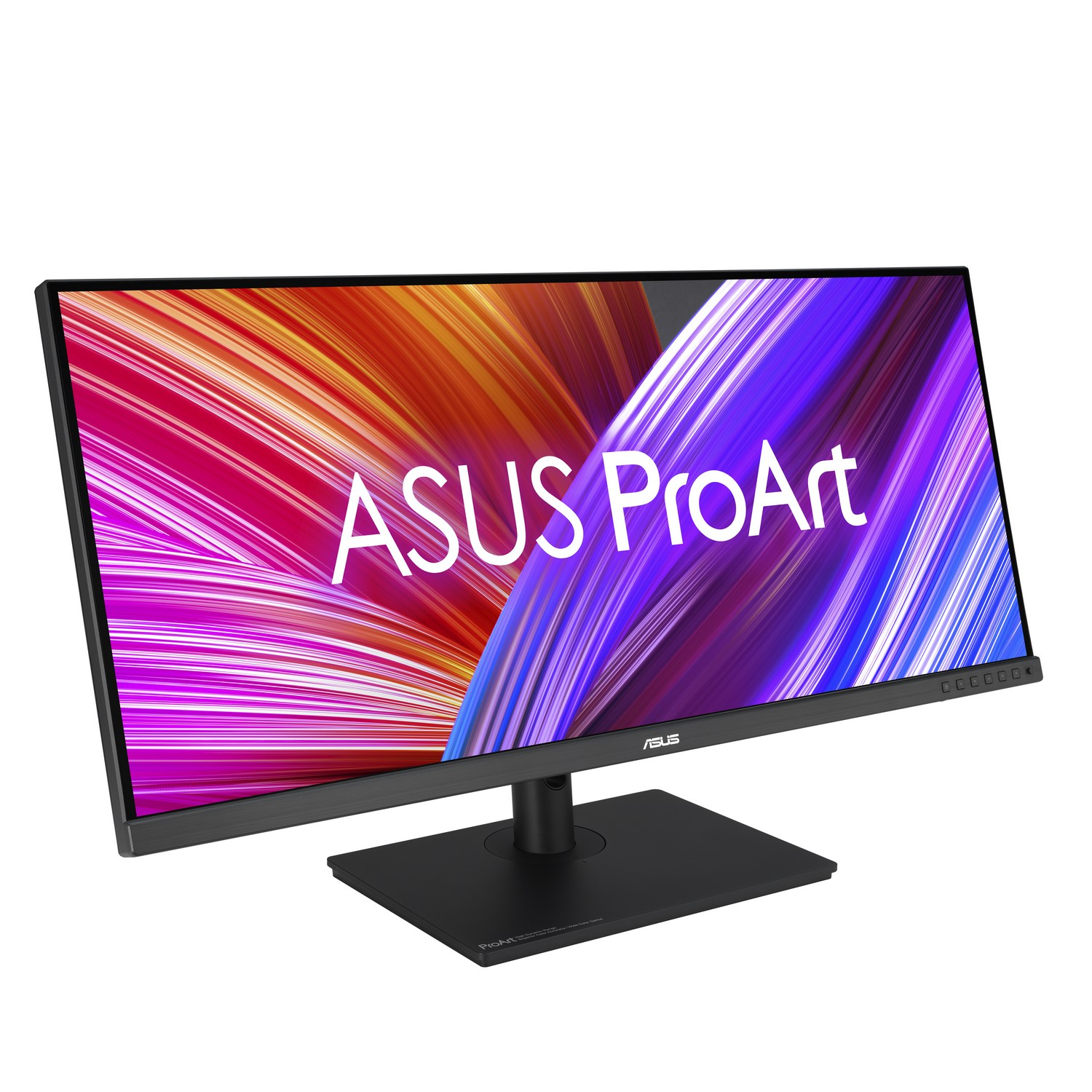 An ASUS ProArt monitor with a black stand. The screen displays colorful abstract art.