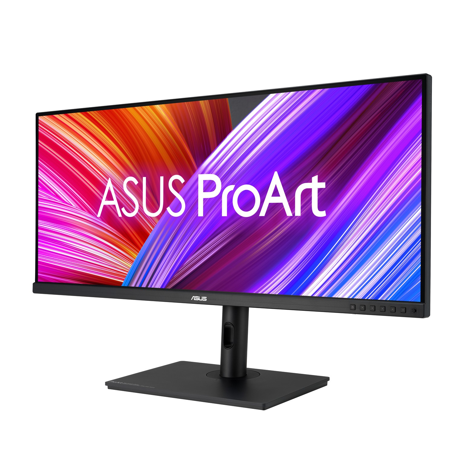 ASUS ProArt monitor with colorful screen, black stand. The background is white.
