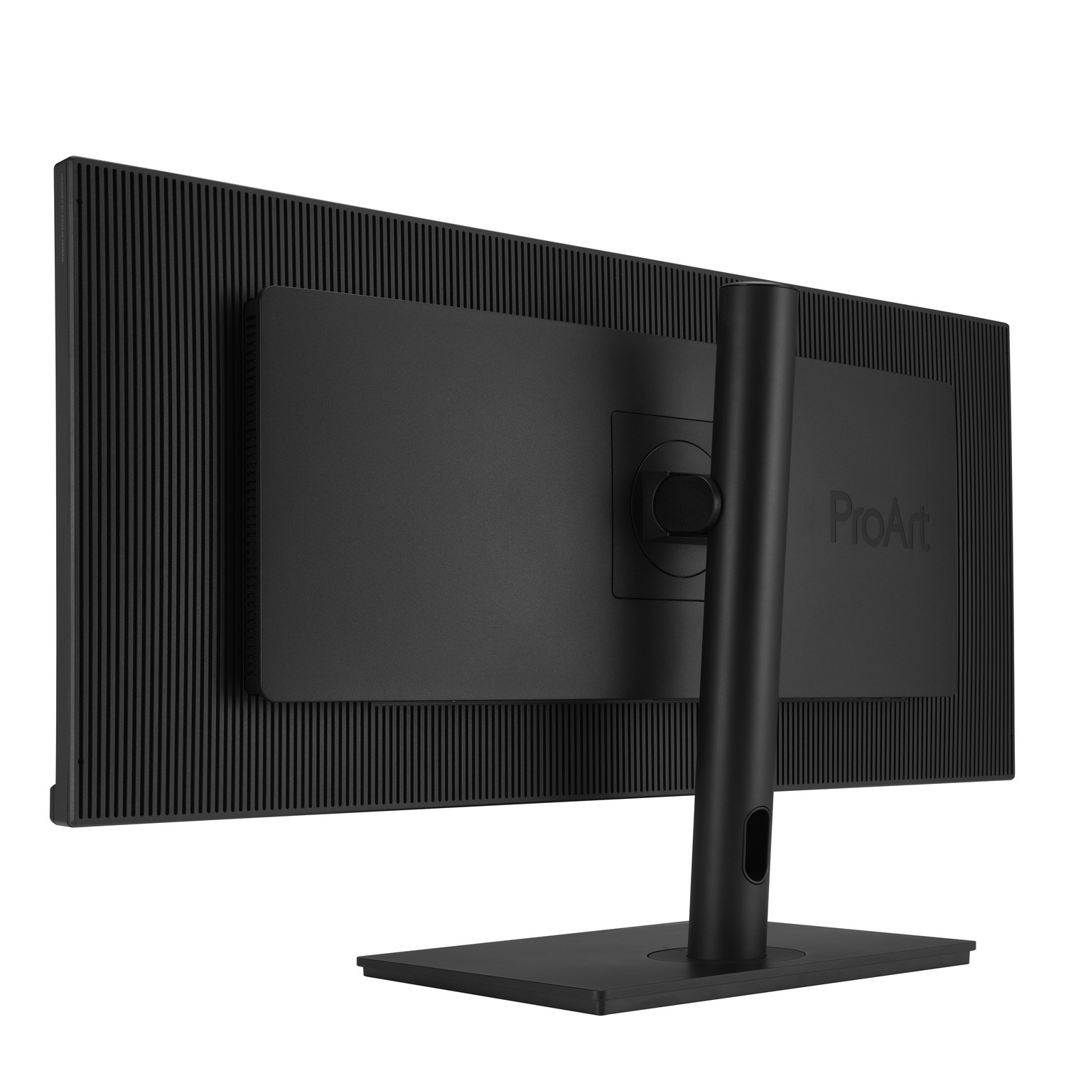 Black computer monitor back view, with stand. ProArt logo visible. Vertical lines on the back.