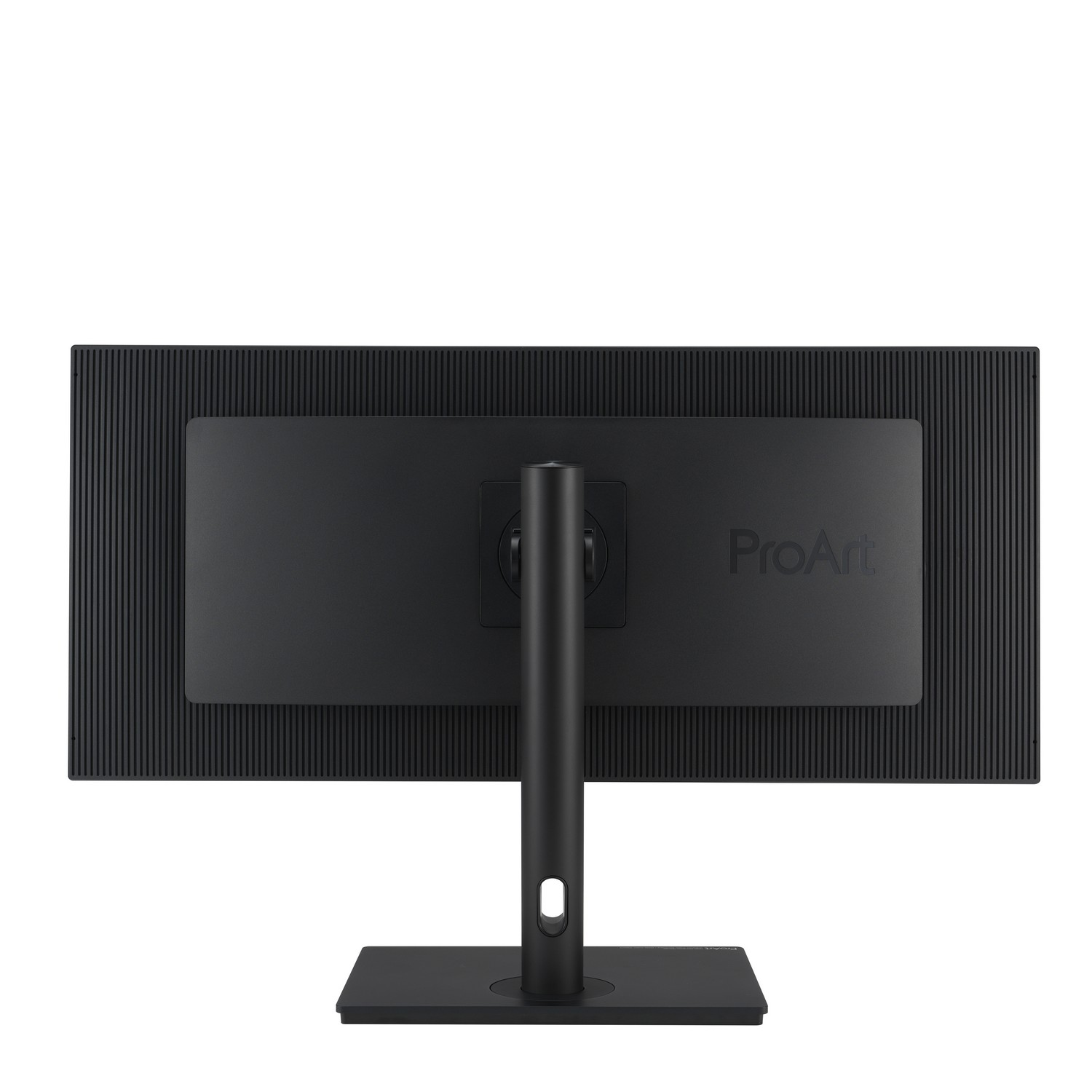 Rear view of a black computer monitor. ProArt logo is in the center.