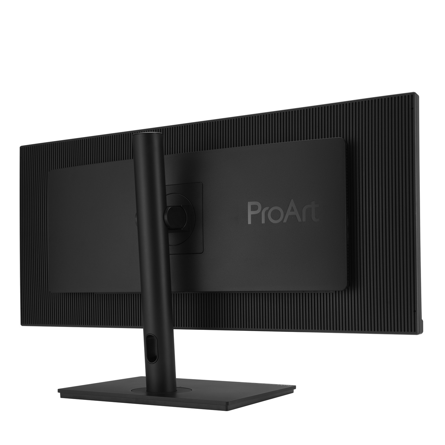 Back of a ProArt monitor. Black, with a stand. The ProArt logo is visible. White background.