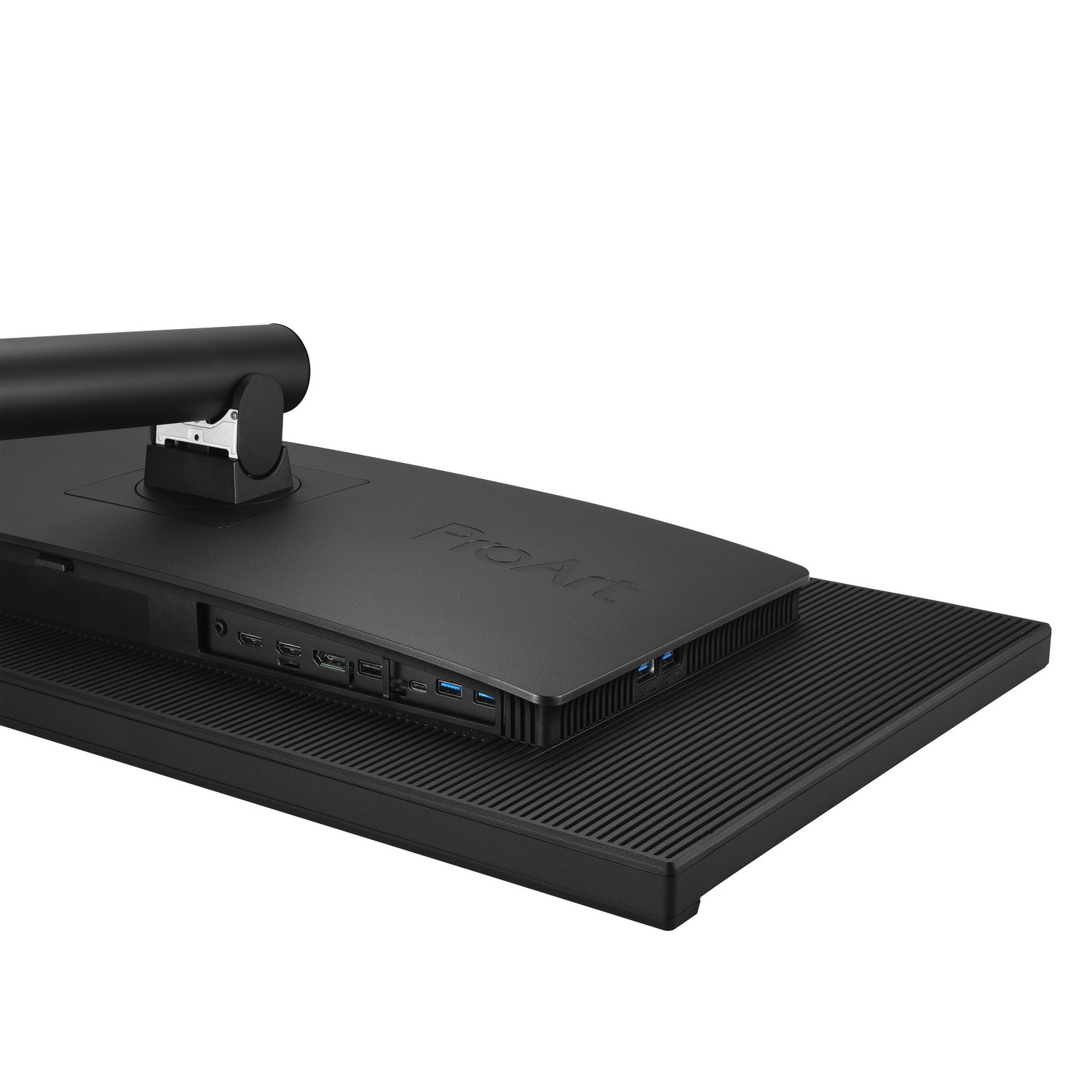 Back view of a black monitor with ports and a stand.