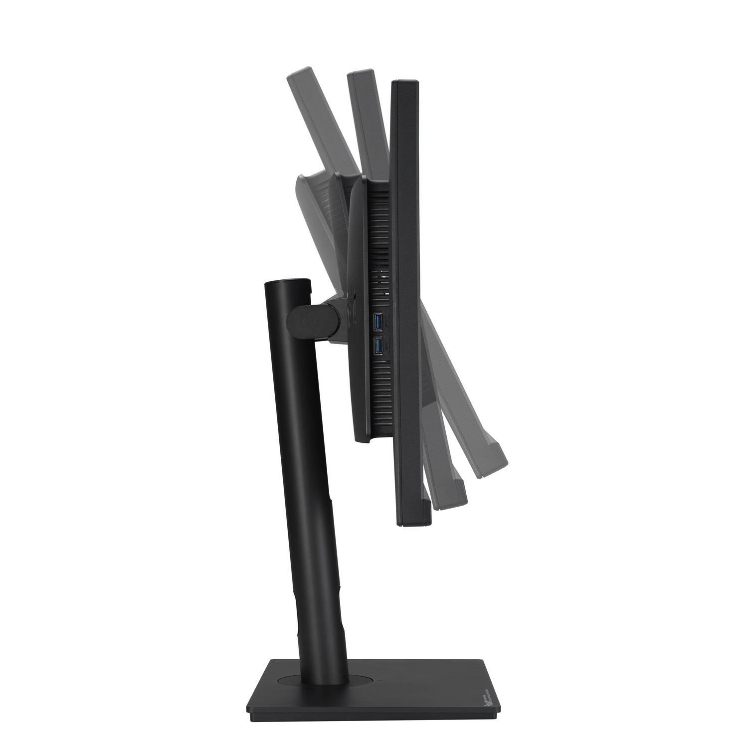 Side view of a black monitor with adjustable tilt and a black stand. White background.