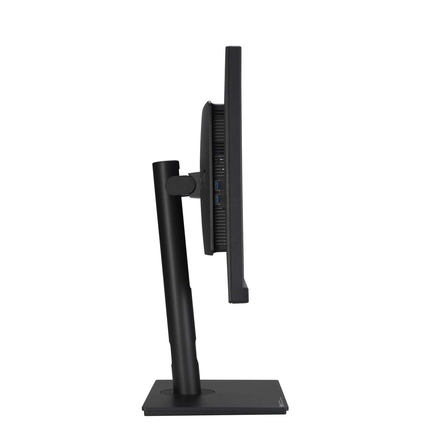 Side view of a black computer monitor on a black stand.