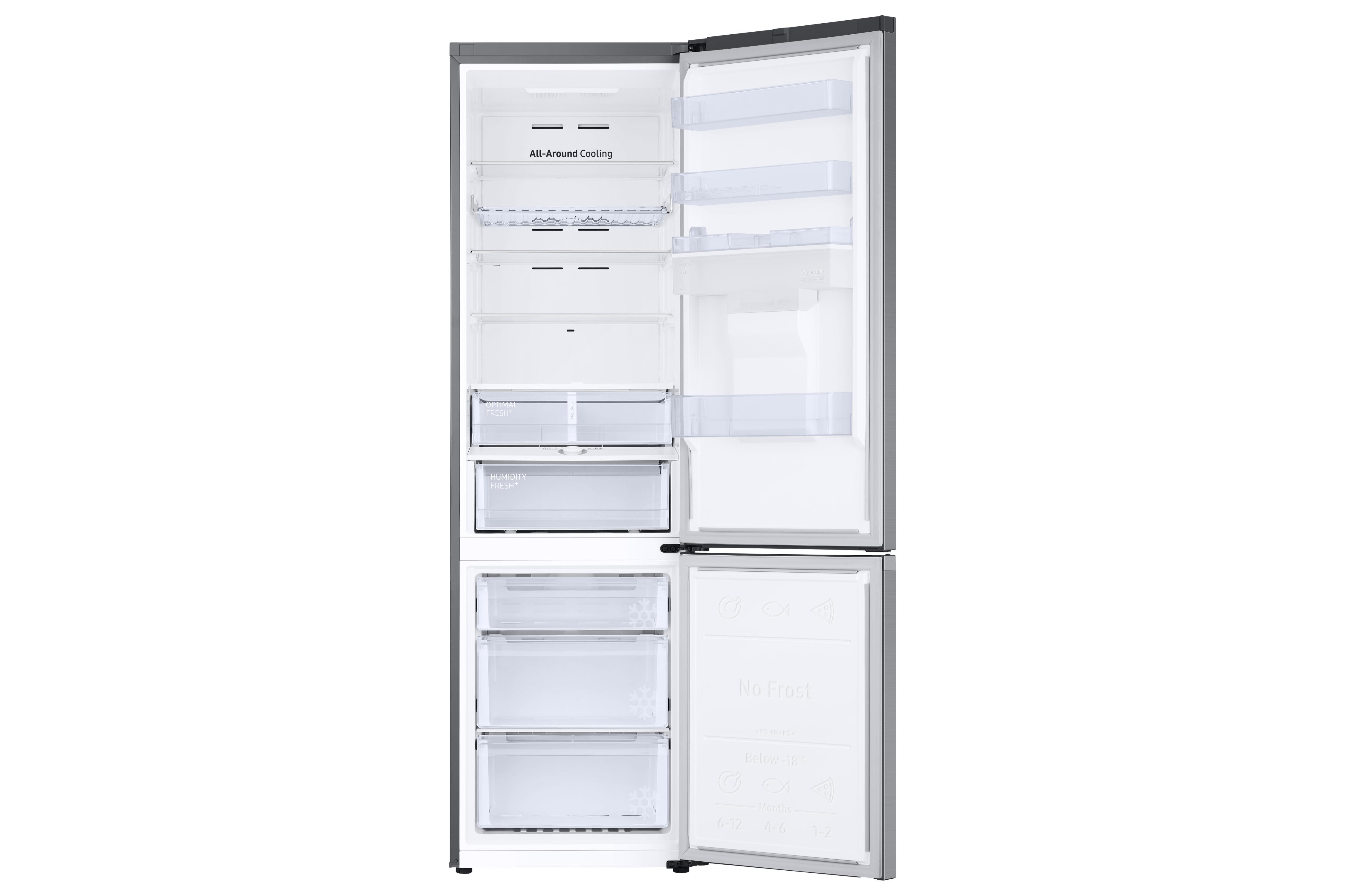 Offener Kühlschrank mit Regalen, Schubladen und Fächern. Dunkelgraue Außen- und weiße Innenseite.