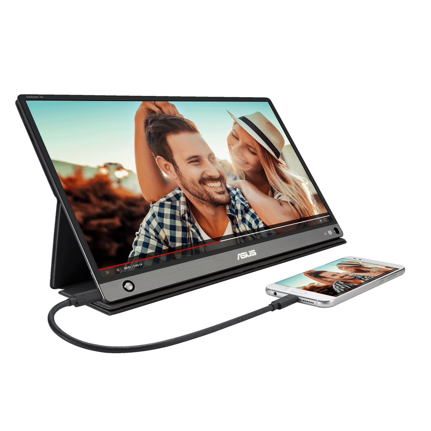 Un moniteur ASUS portable affichant une vidéo. Un téléphone est connecté par câble.