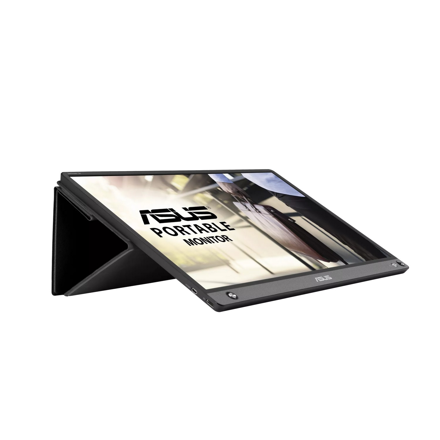 Un moniteur portable ASUS avec un cadre noir, incliné, avec le logo visible.