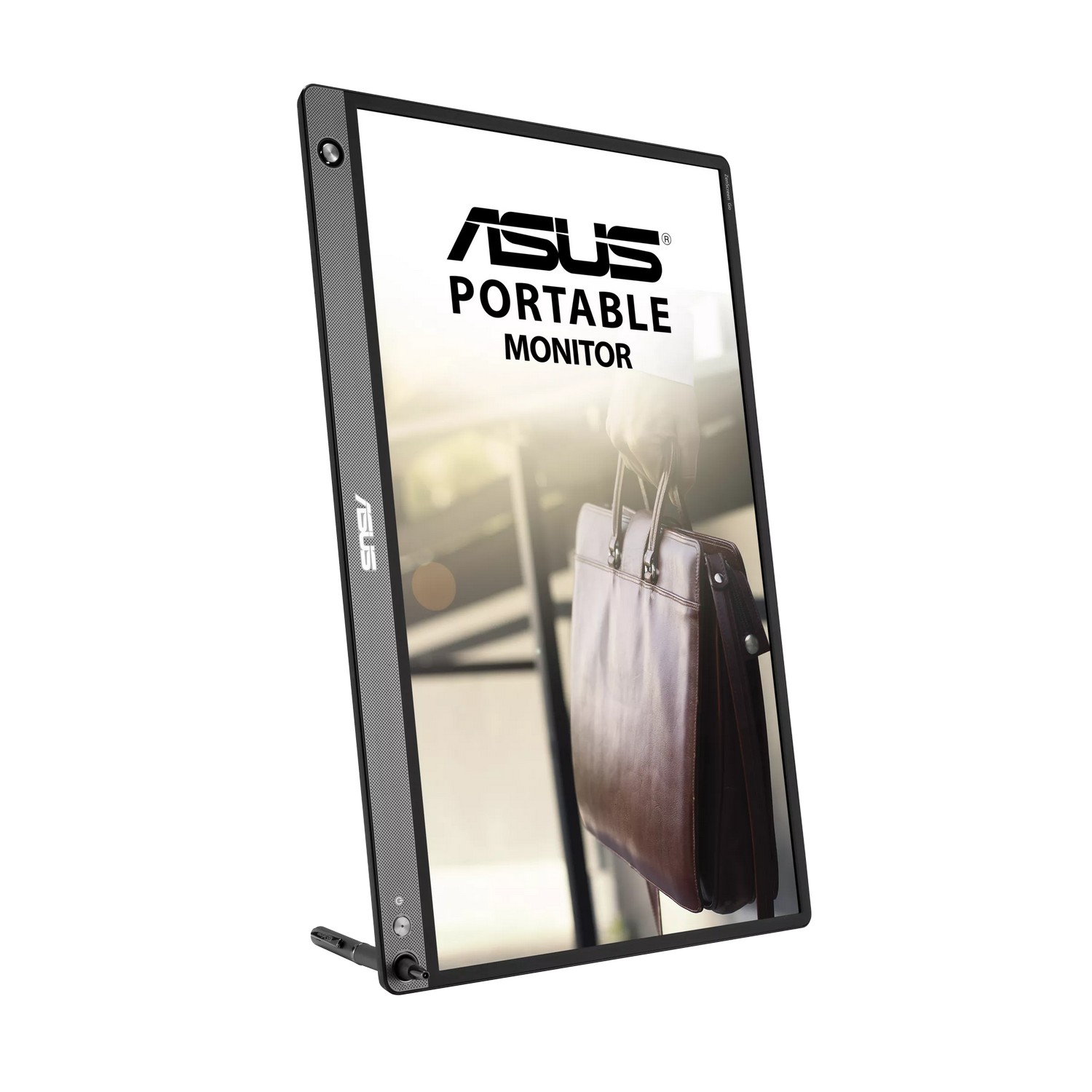 Moniteur portable Asus avec une personne tenant une mallette reflétée sur l'écran.