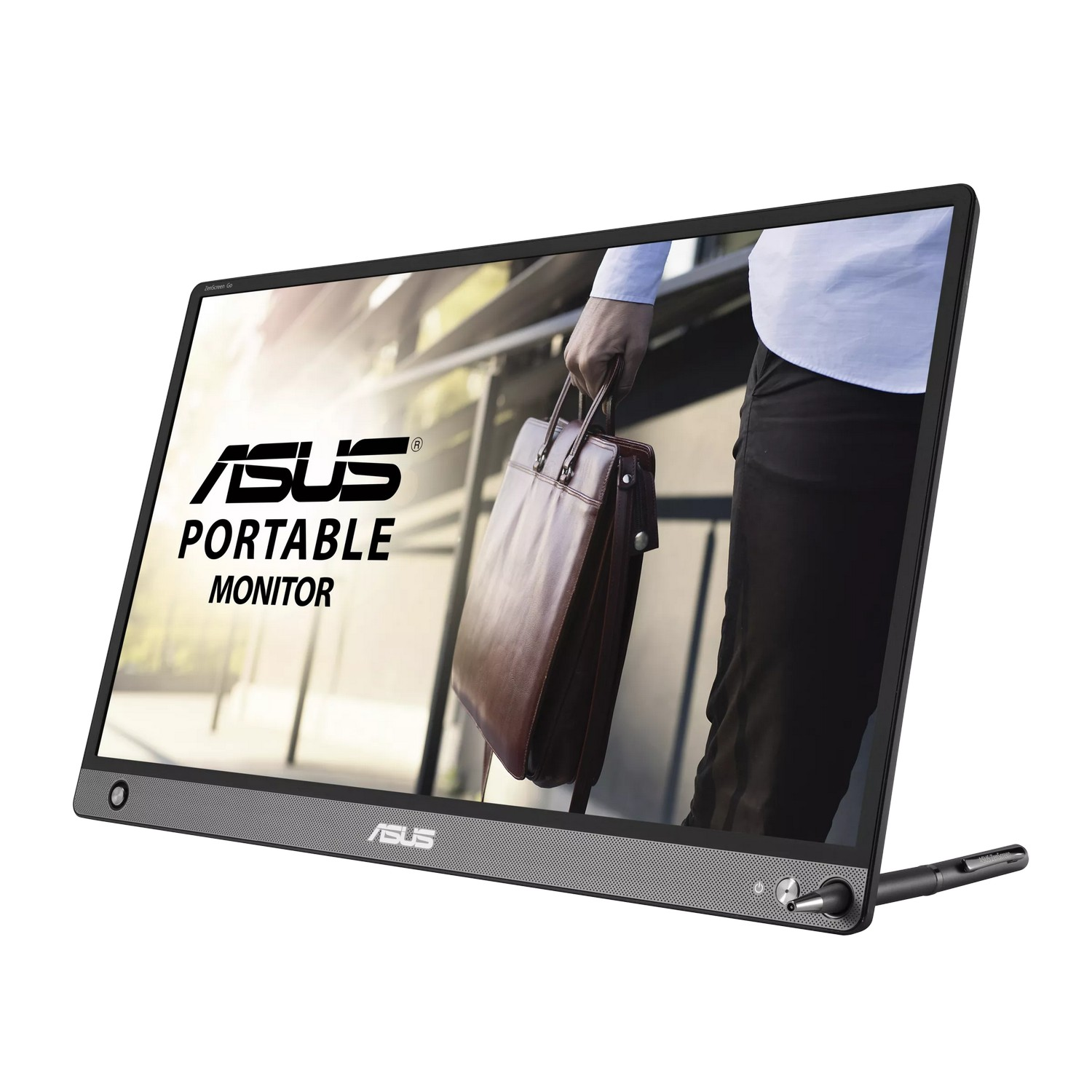 Moniteur portable Asus avec un homme tenant un sac sur l'écran. Un stylet repose à droite. Fond blanc.