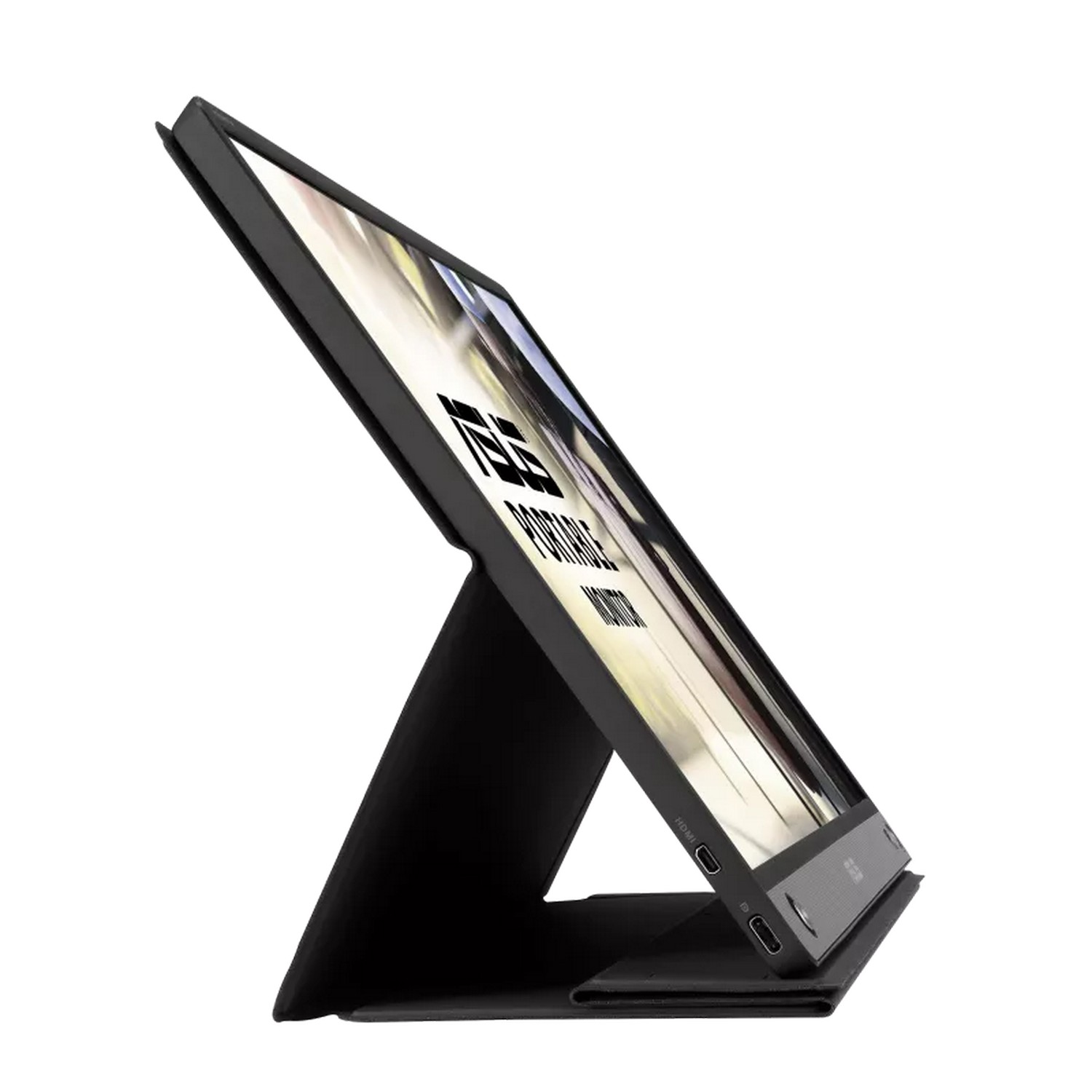 Moniteur portable noir, incliné, avec support. Les bords ont des ports et des boutons.
