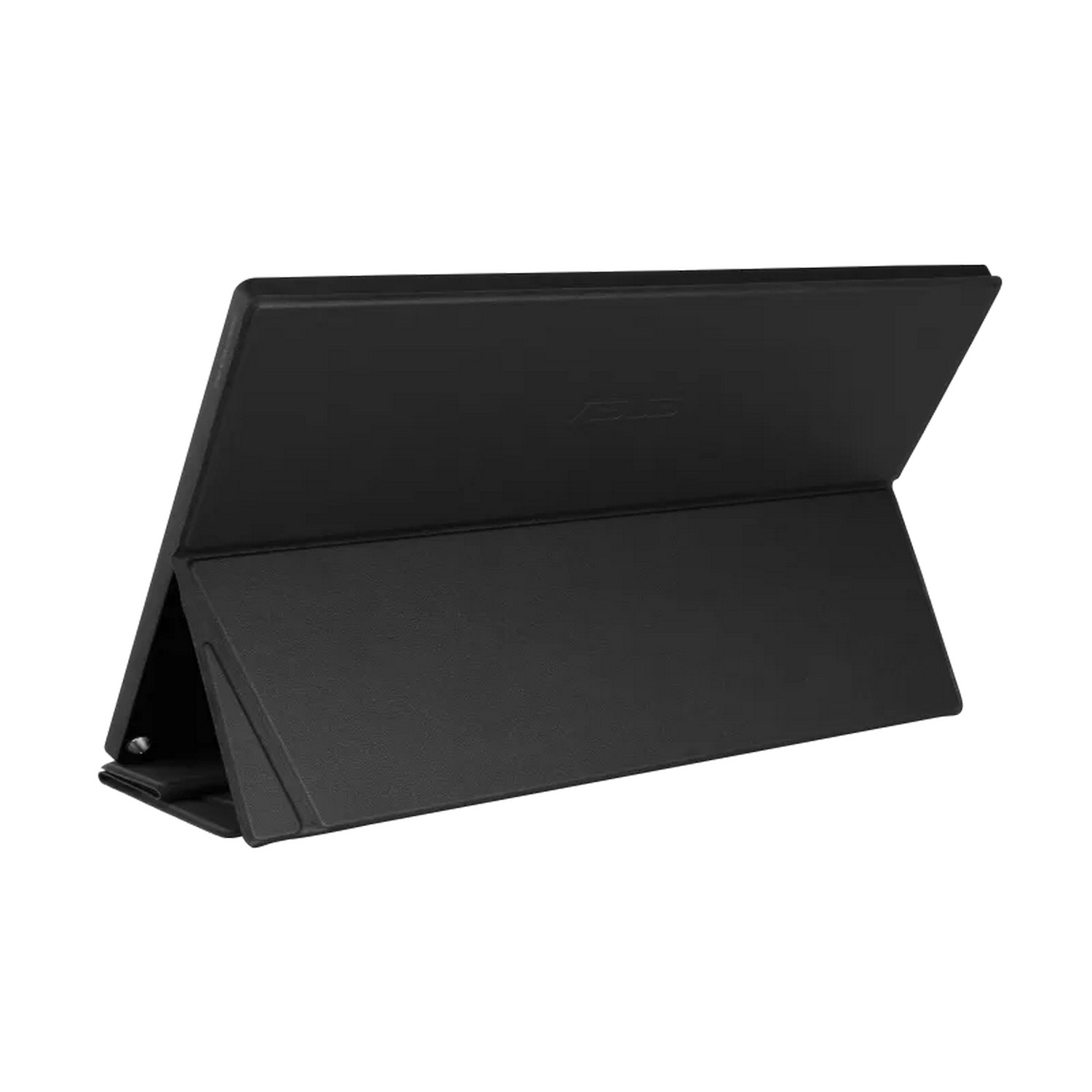 Étui de tablette noir, ouvert et incliné, avec le logo ASUS visible.
