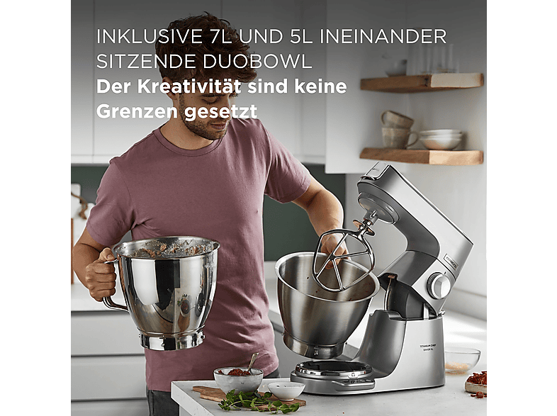 KENWOOD Titanium Chef Baker XL KVL85.004SI mit integrierter Waage, Patisserie-Set und 2 Rührschüsseln Küchenmaschine Silber (Rührschüsselkapazität: 7 l, 1200 Watt)