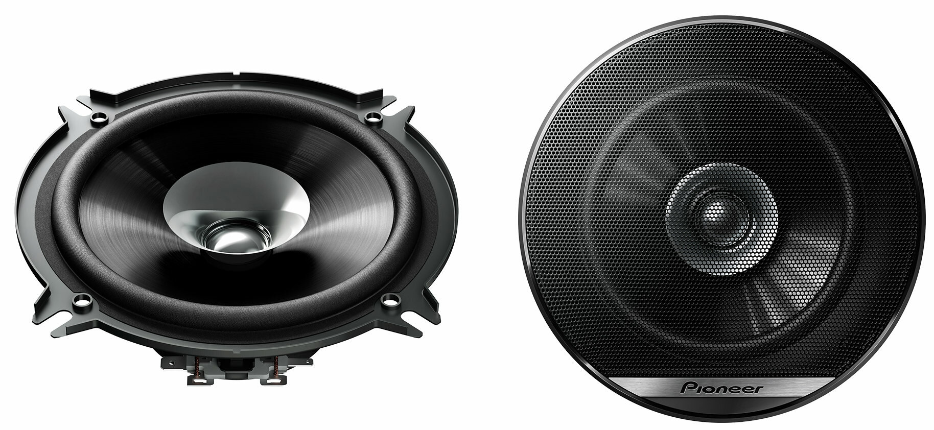 Dwa głośniki samochodowe Pioneer. Jeden to komponent głośnika, drugi ma siatkową osłonę.