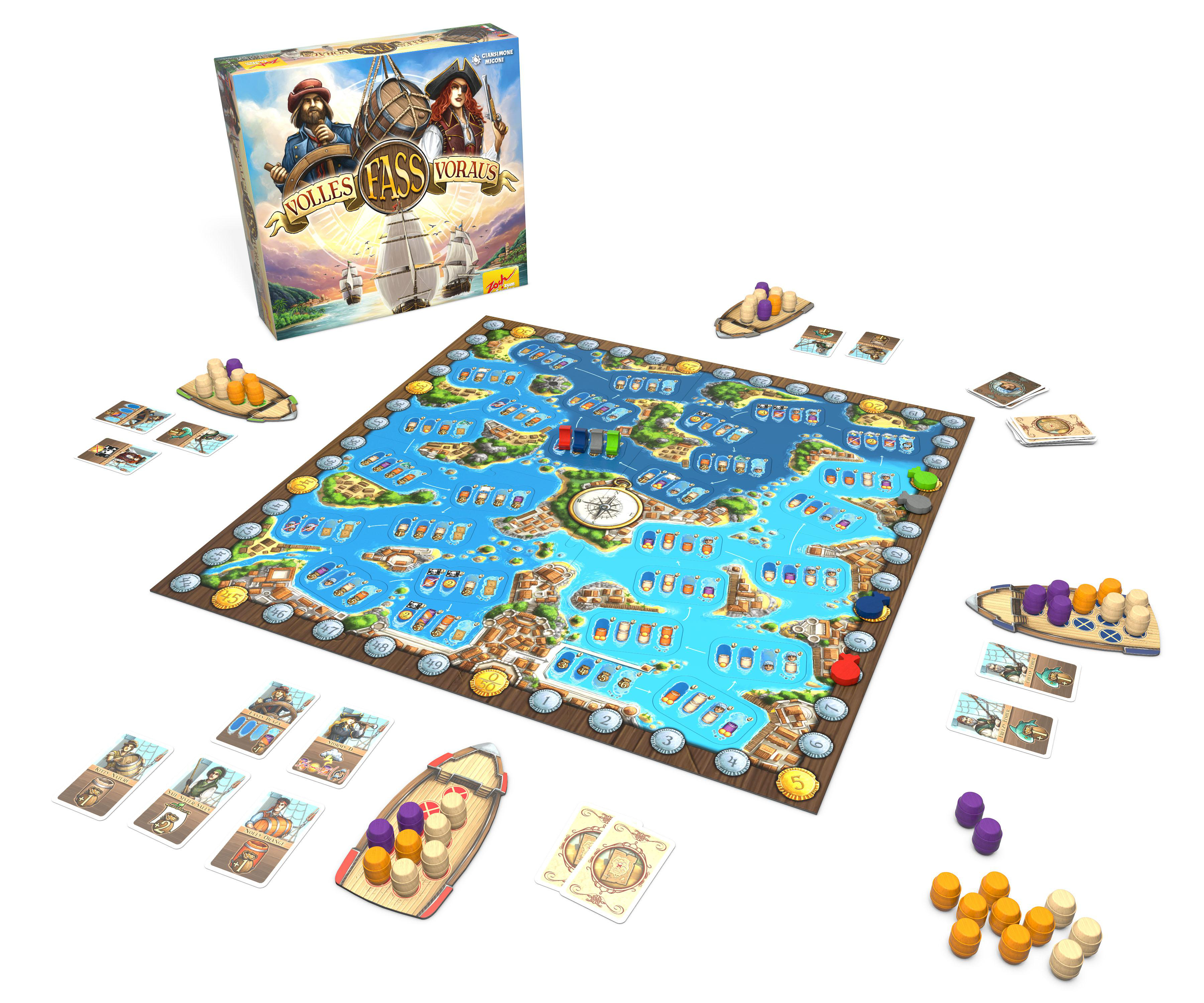 Brettspiel mit Schachtel, Spielbrett, Karten und Spielsteinen.