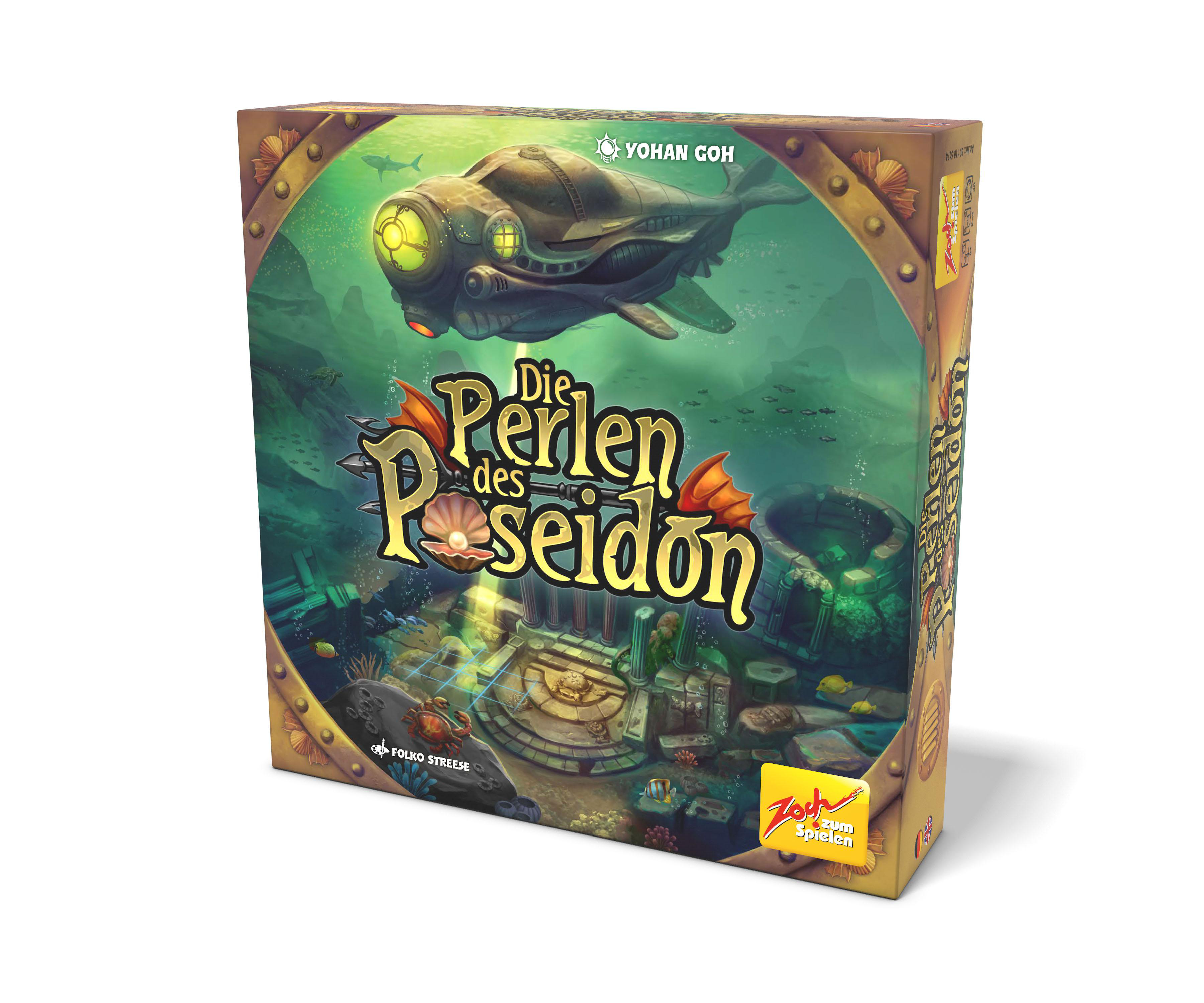 Brettspielbox, 'Die Perlen des Poseidon'. Zeigt ein U-Boot und eine Unterwasserszene.