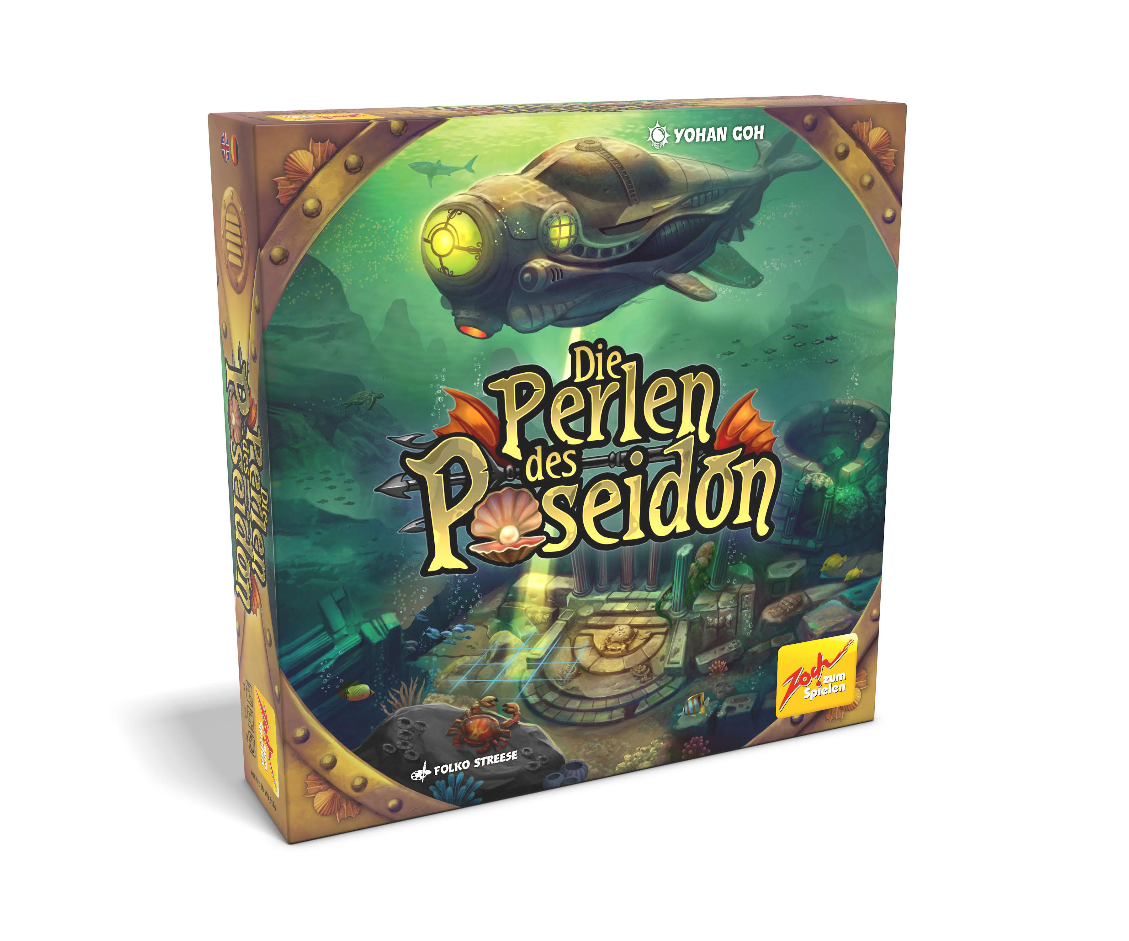 Box-Art für ein Brettspiel mit Unterwassermotiv und einem Fisch.