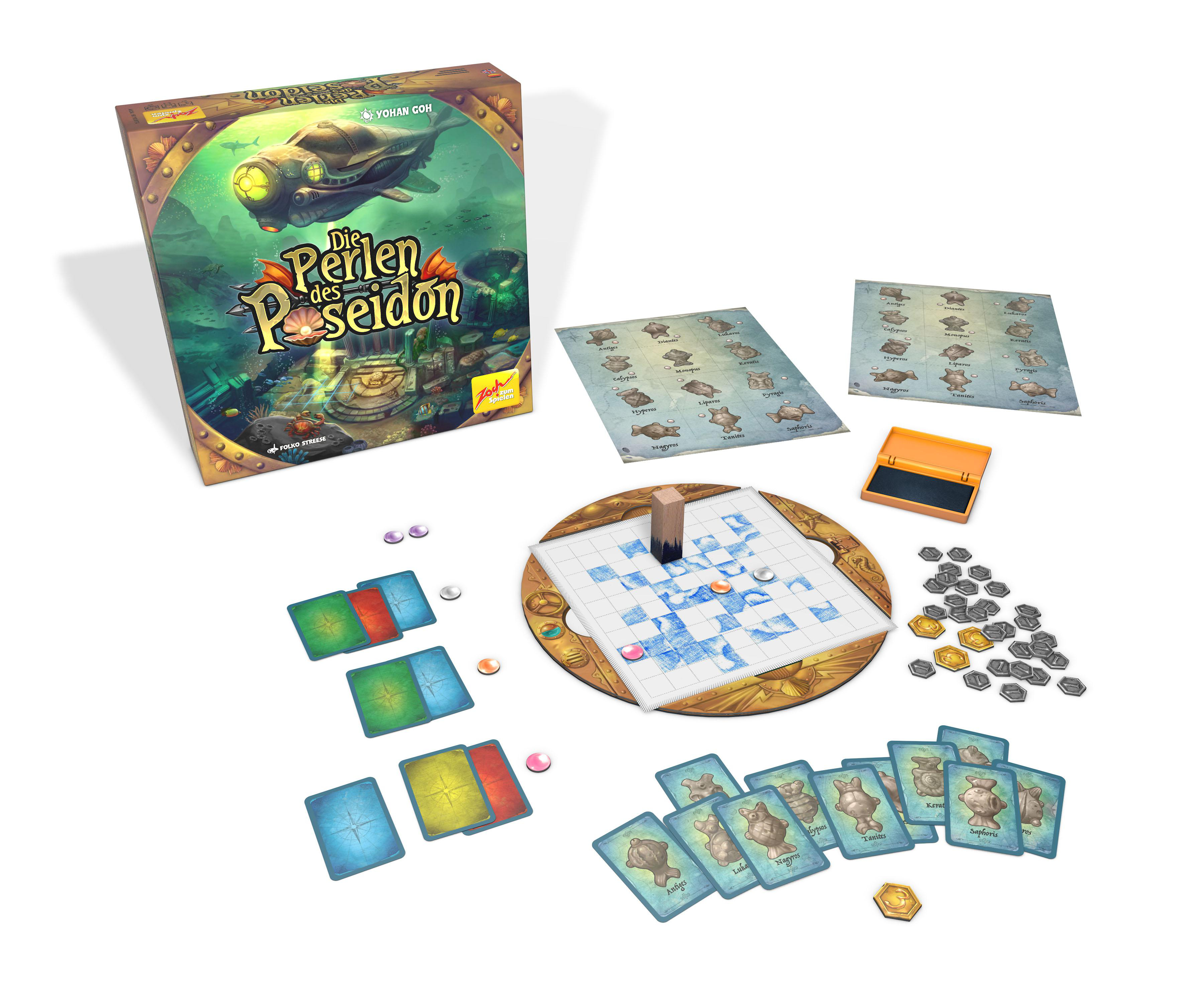 Brettspiel-Set mit Schachtel, Spielbrett, Karten, Spielsteinen und Holzblock auf Weiß.
