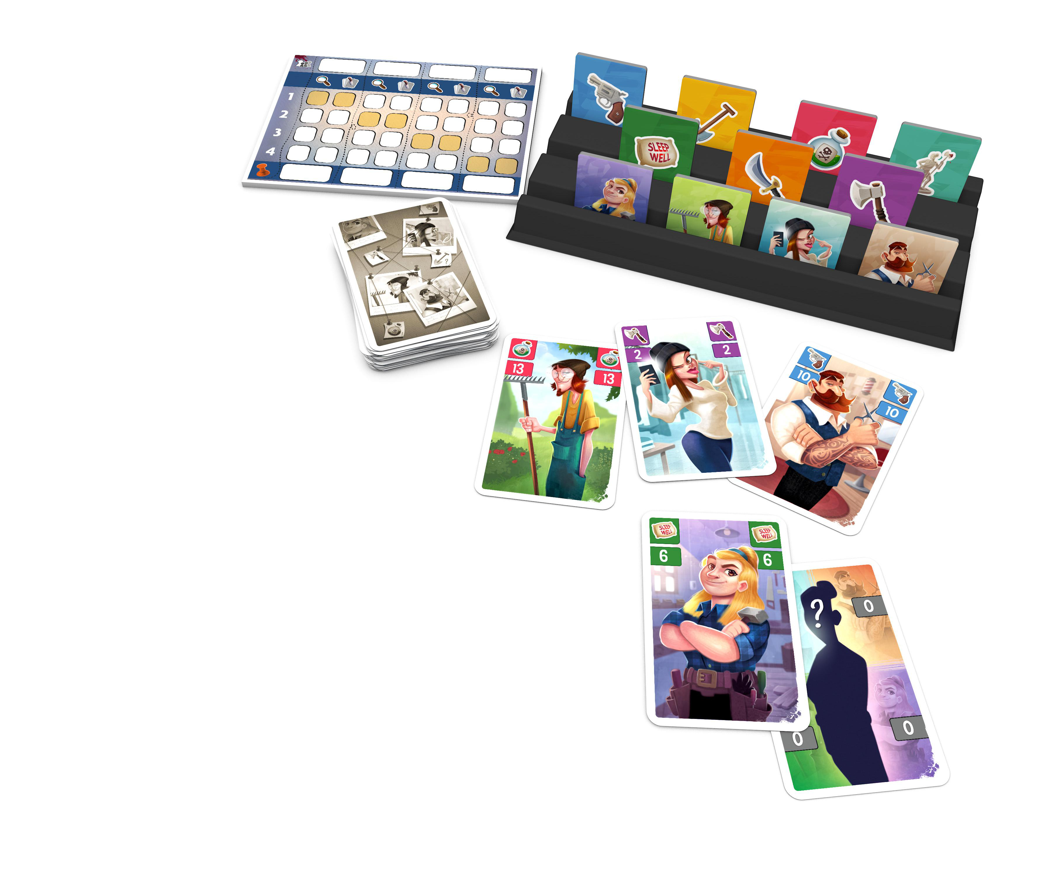 Ein Brettspiel mit verschiedenen Karten und Spielsteinen, angeordnet auf einer weißen Oberfläche.