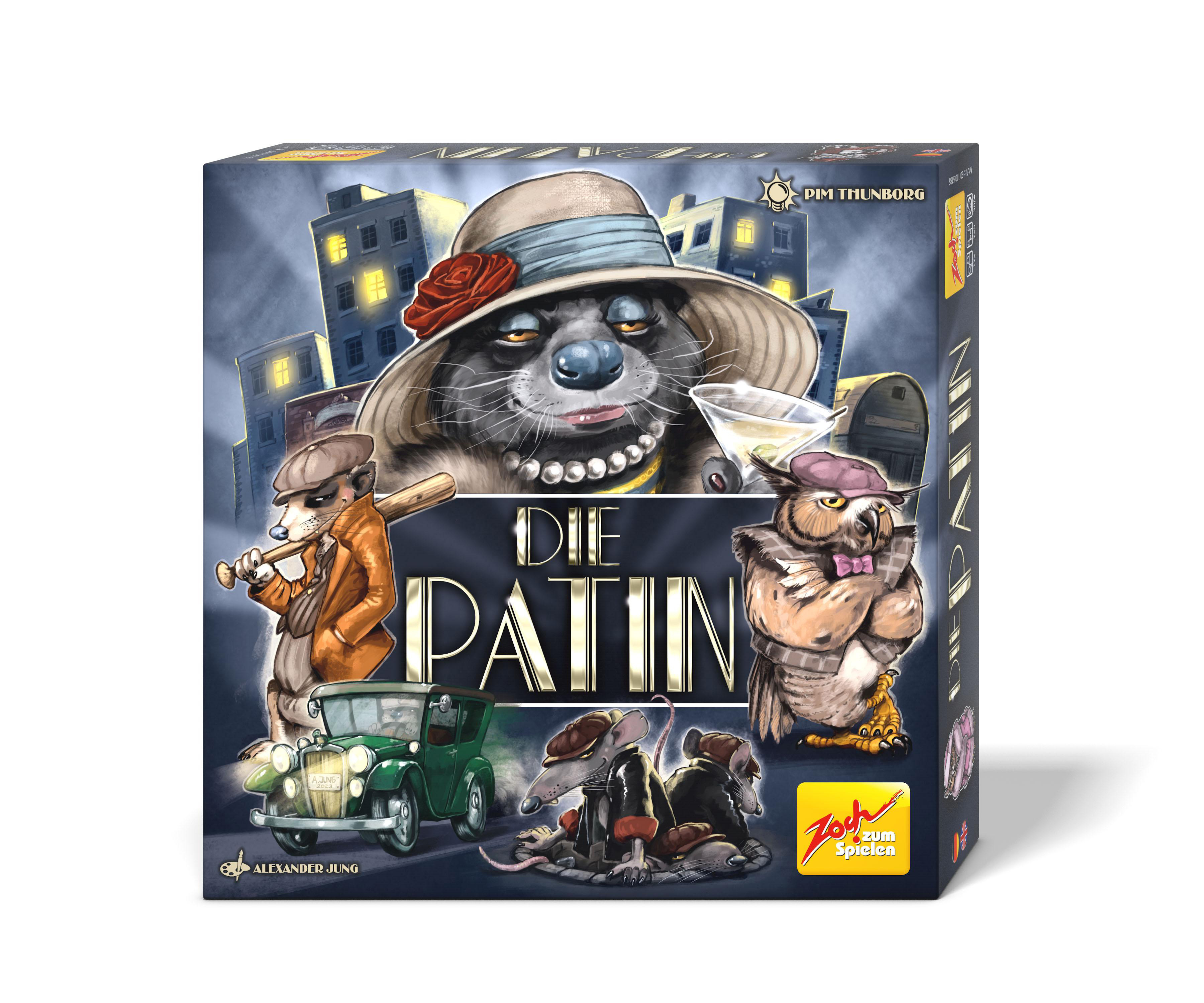 Spielbox mit Zeichentieren, einem Gangsterbären mit Hut und einer Eule. Text auf Deutsch.