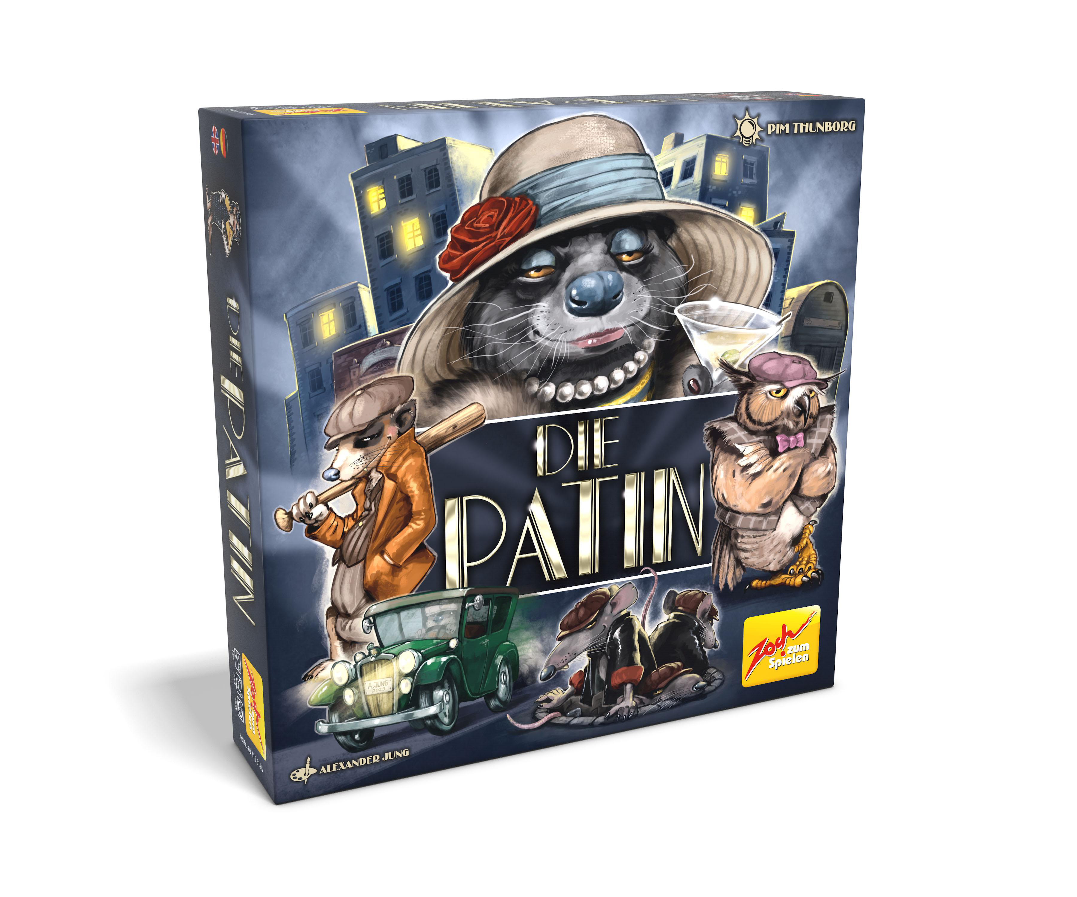 Brettspielbox, mit Cartoon-Tieren im Noir-Stil, auf weißem Hintergrund.
