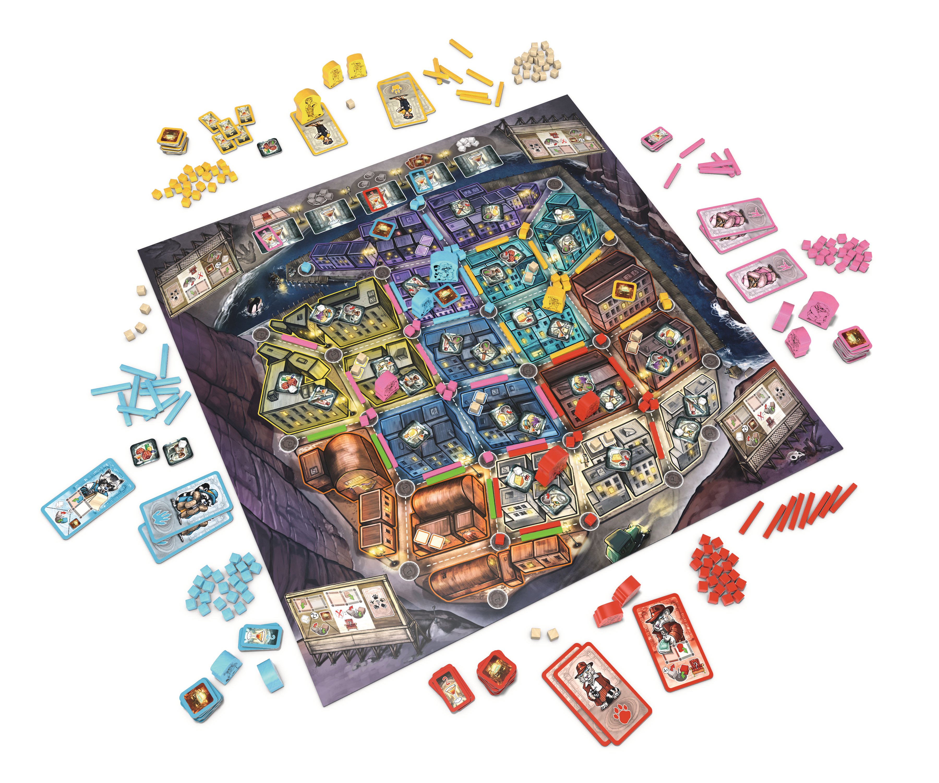 Ein Brettspielaufbau mit Spielbrett, Karten und Spielsteinen.