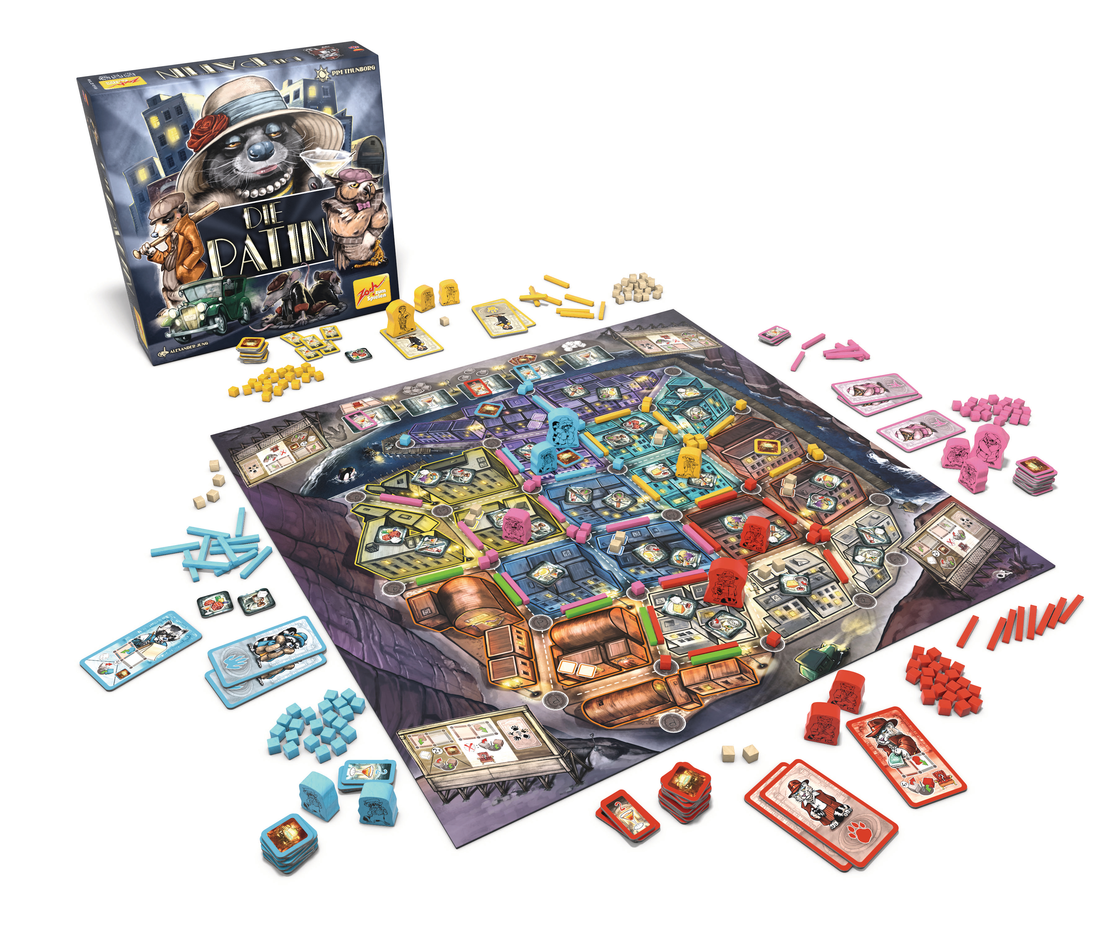 Brettspiel mit farbenfroher Stadtkarte, Spielfiguren und einer Schachtel mit Cartoonfiguren.