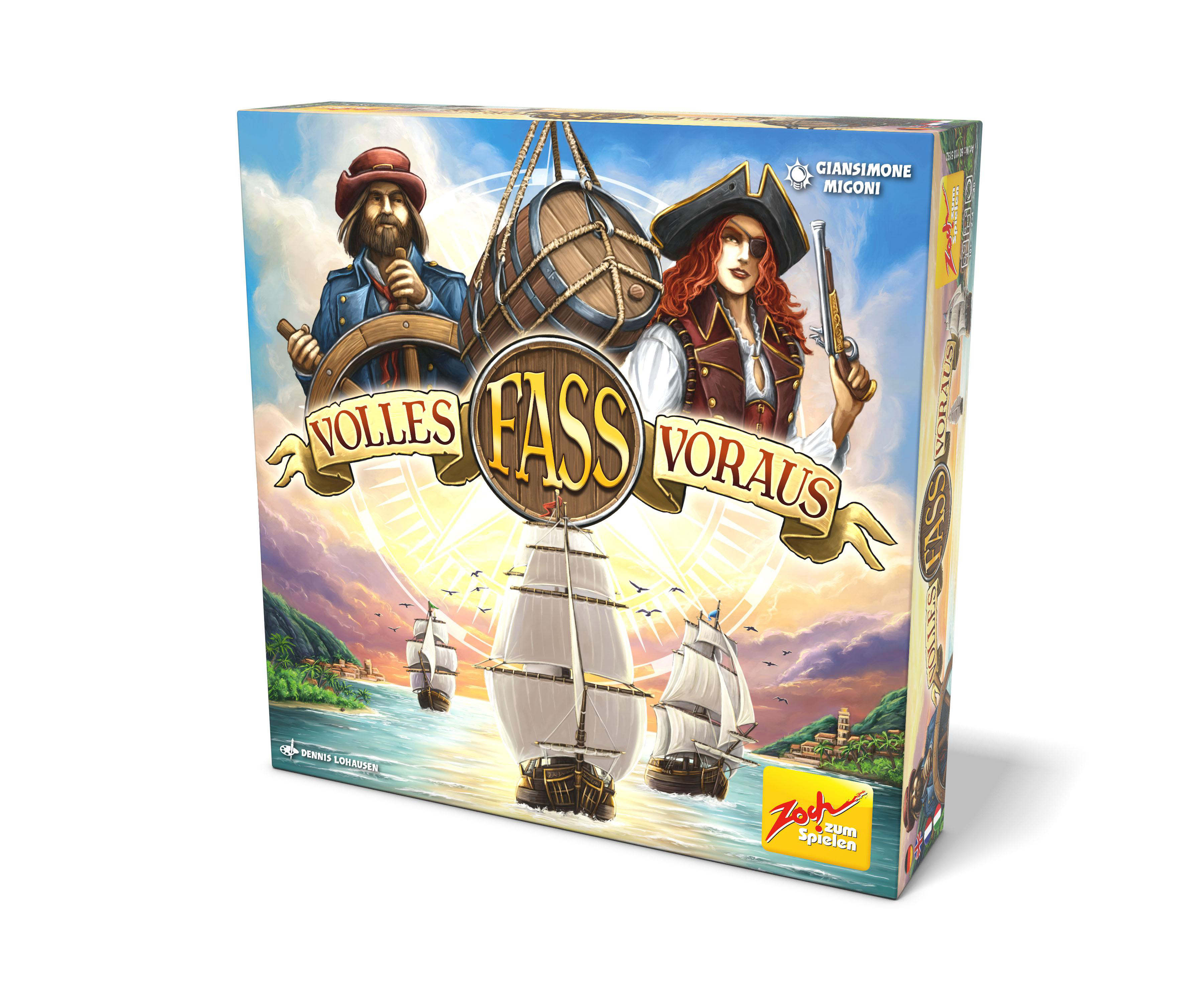 Spielbox mit Illustration von Piraten auf Schiffen, Titel 'Volles Fass Voraus'.