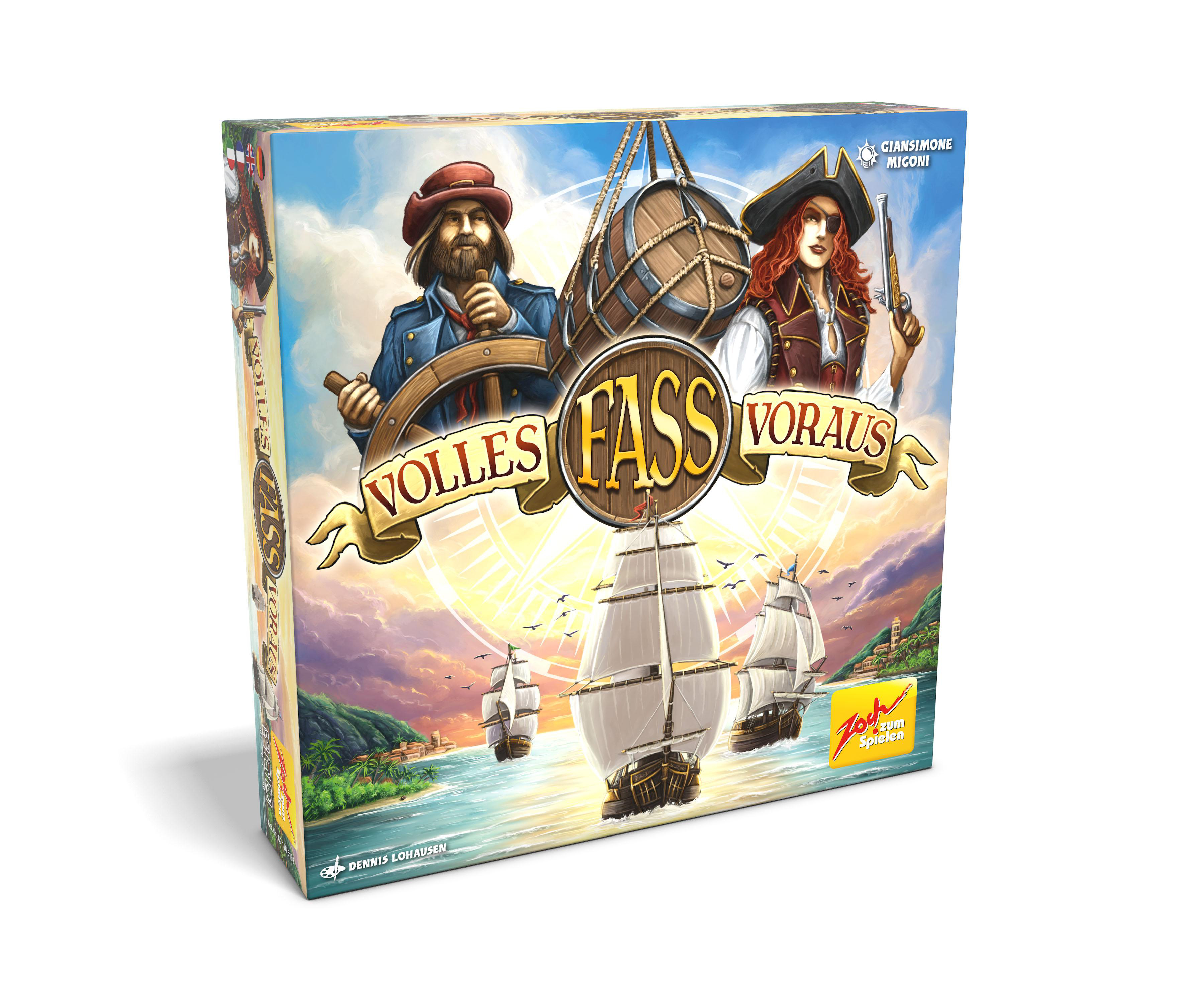 Spielbox mit Piraten-Thema. Zwei Charaktere vorne, Schiffe auf dem Wasser. Titel 'Volles Fass Voraus'.