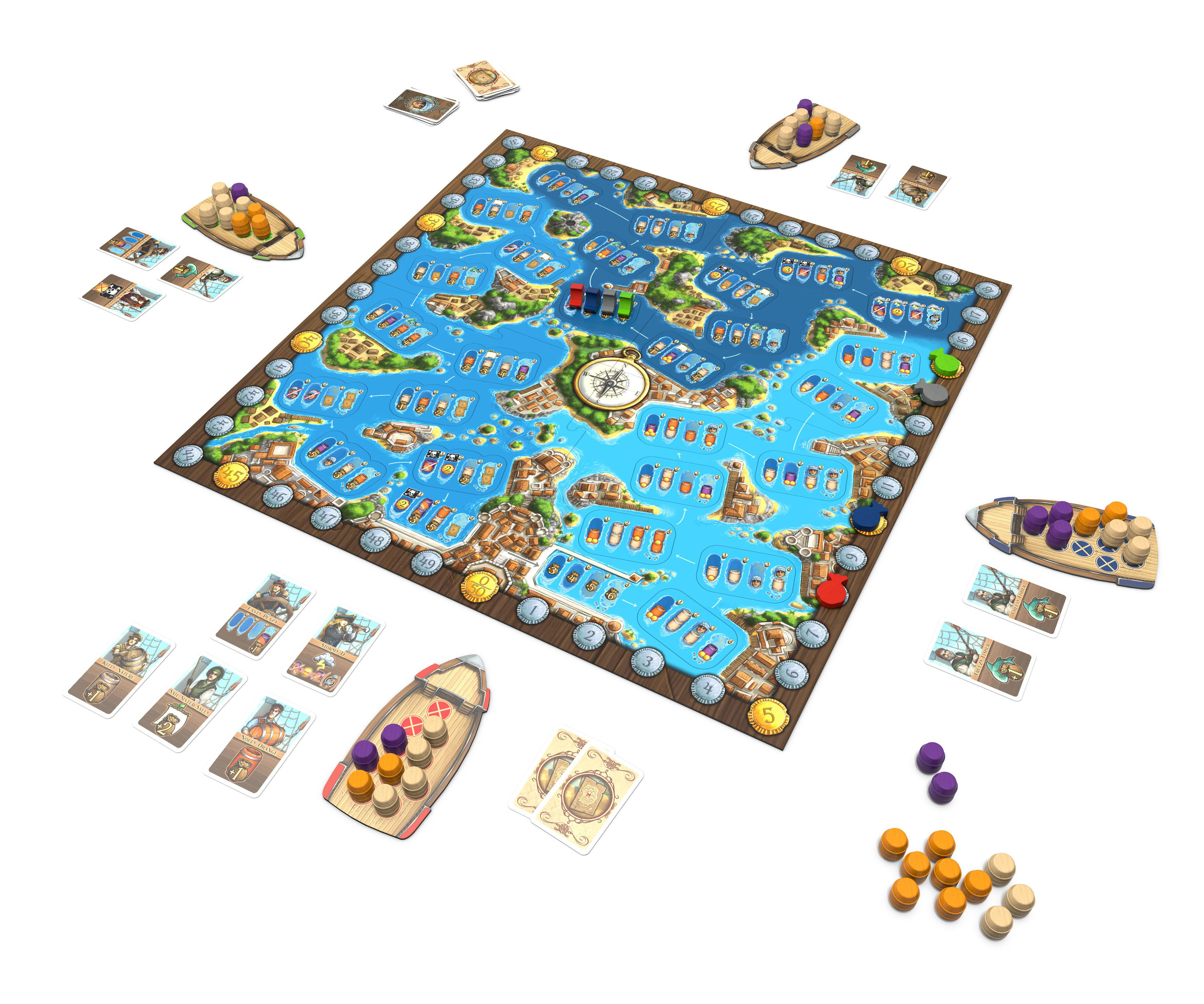 Brettspiel mit Booten, Karten und Holzfiguren auf weißem Hintergrund.