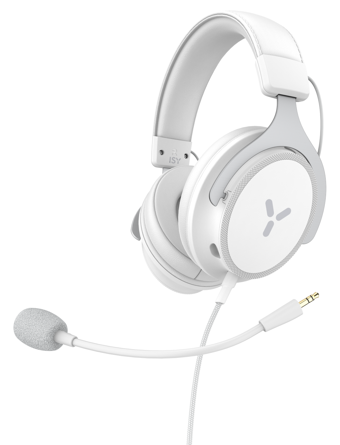 Fehér gamer headset mikrofonnal, sötét háttér előtt.
