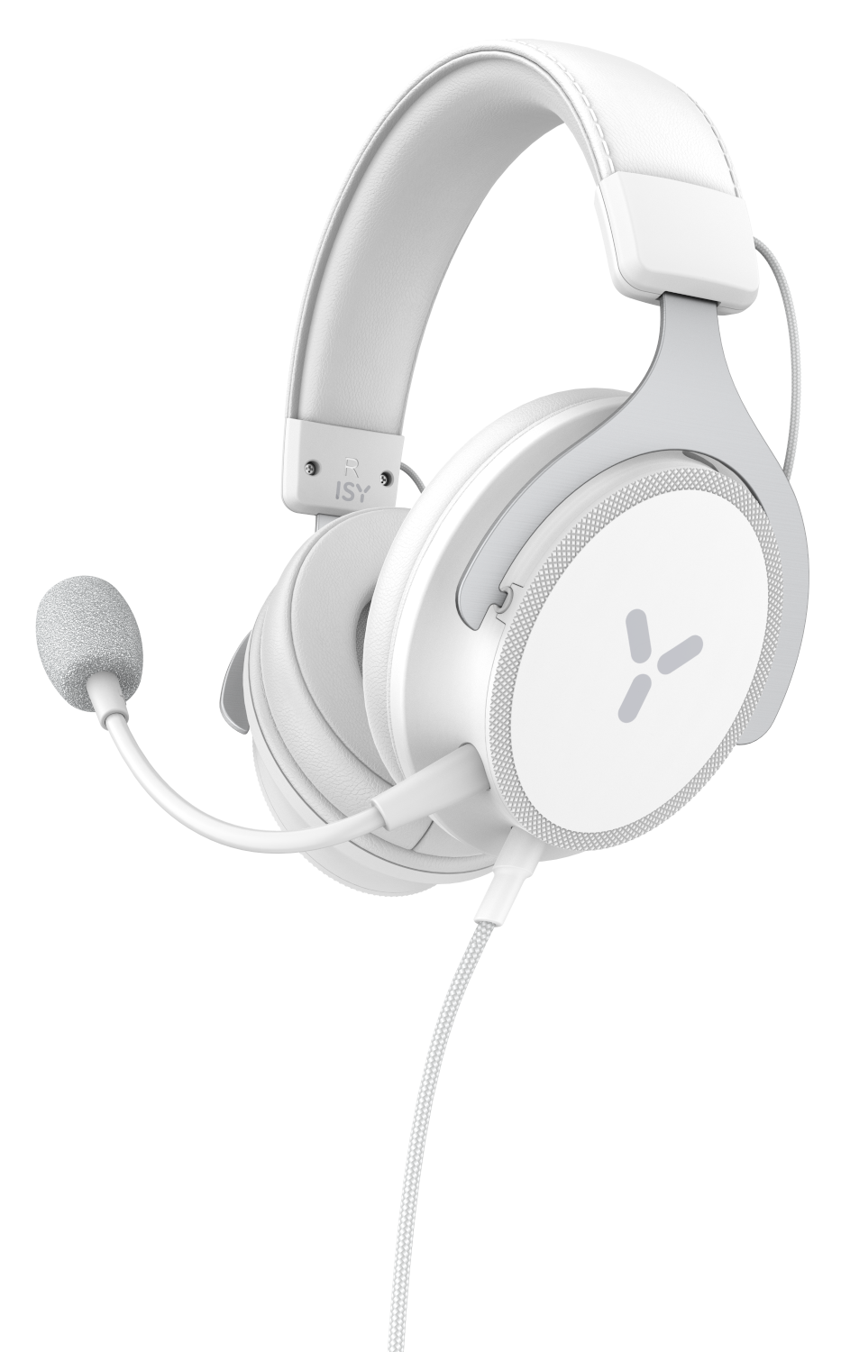 Egy fehér gamer headset mikrofonnal, fehér kábellel és fehér állvánnyal.