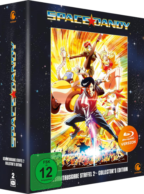 Space Dandy Anime Blu-ray Box-Set. Enthält Charaktere auf einem kosmischen Hintergrund. Das Cover ist auf Deutsch.