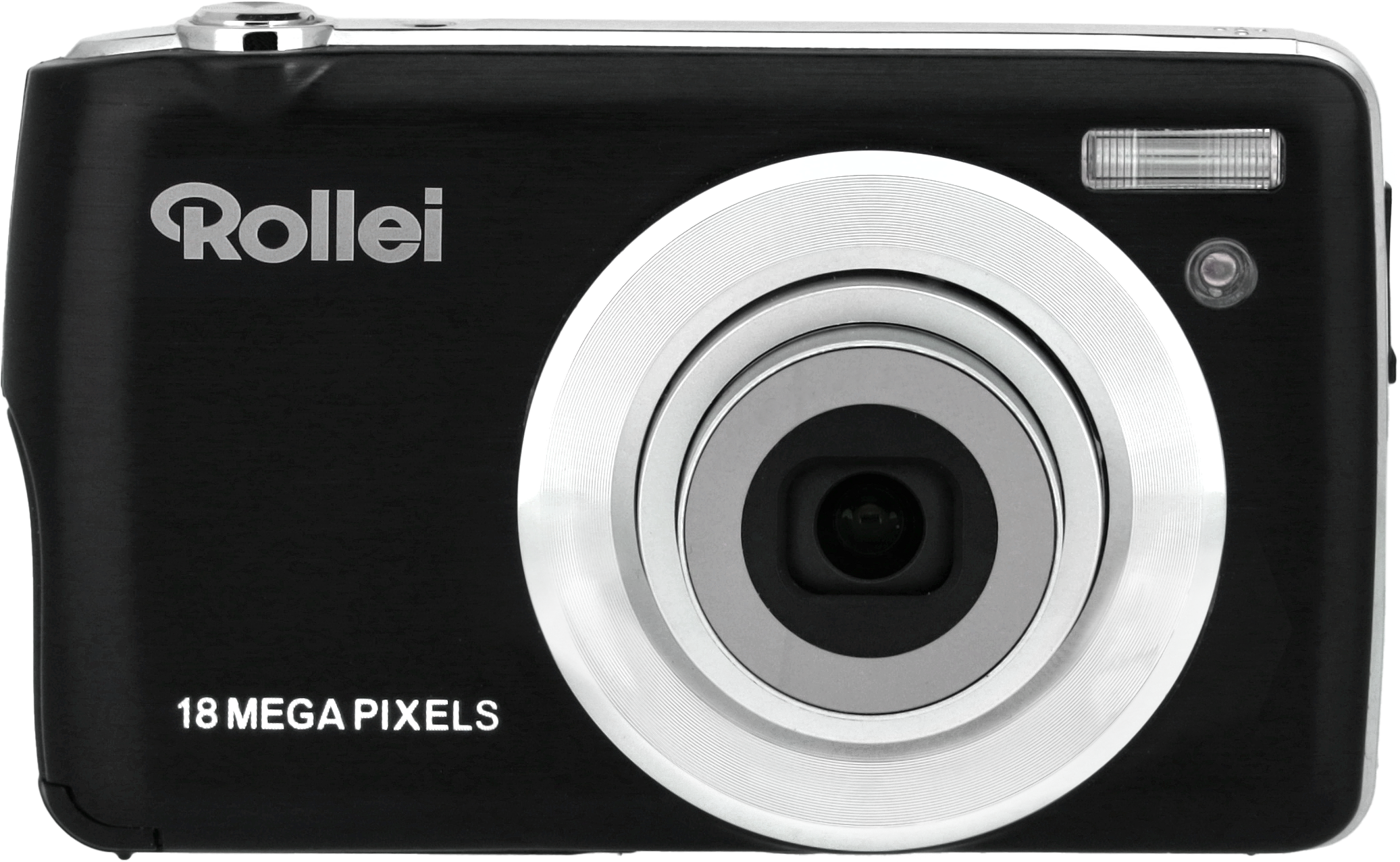 Schwarze Digitalkamera mit Rollei-Logo und 18 Megapixeln. Weißer Hintergrund.