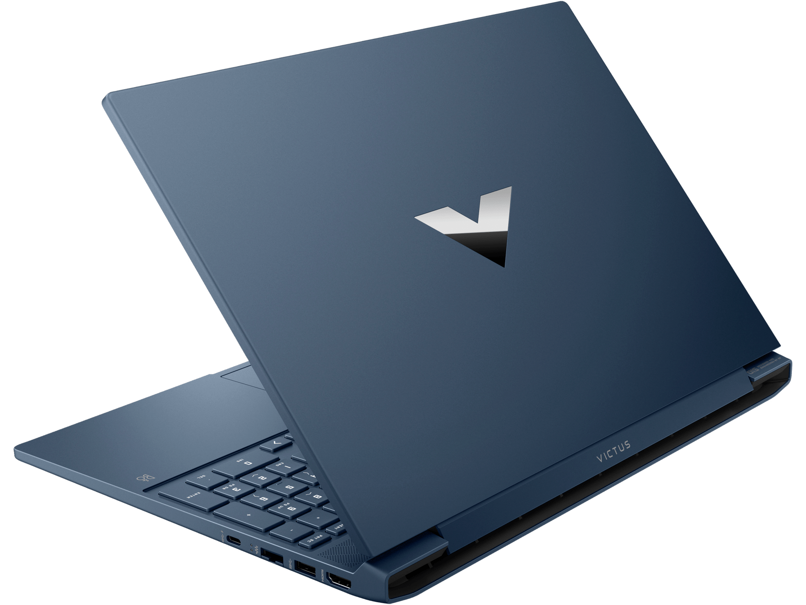 Un portátil azul oscuro, ligeramente abierto, mostrando el teclado y el logo Victus. Fondo negro.