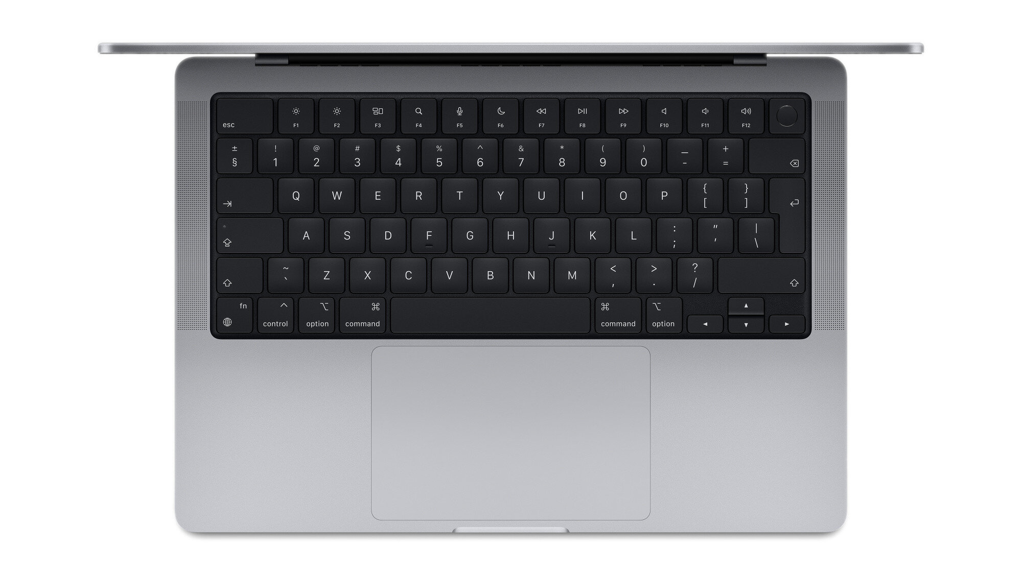 Widok z góry na klawiaturę i gładzik laptopa. Klawiatura jest czarna z białymi literami.