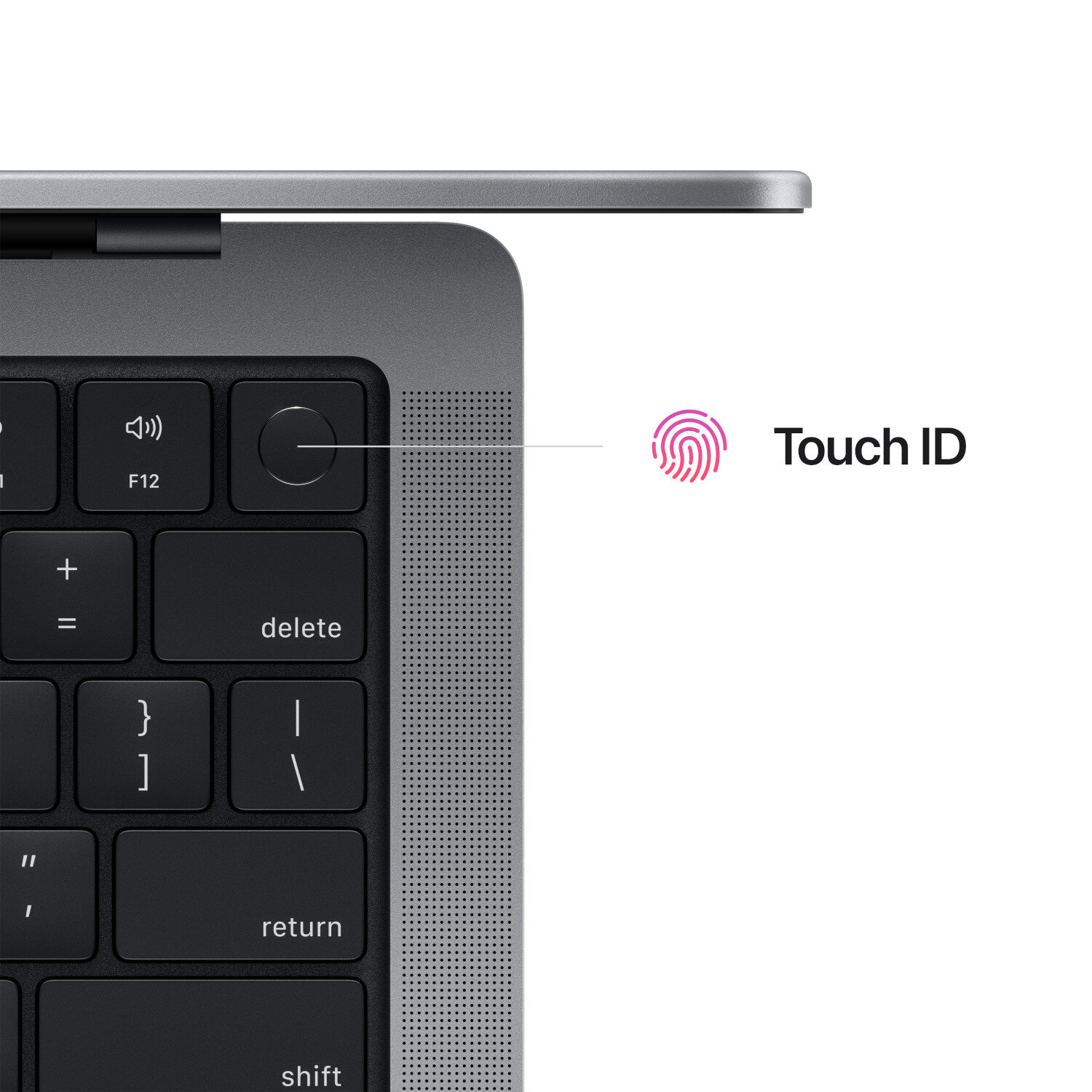 Klawiatura laptopa z podświetlonym przyciskiem Touch ID w prawym górnym rogu.