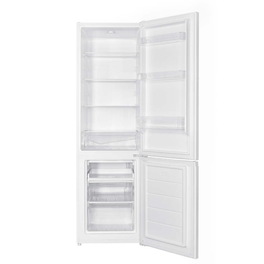 Frigorífico-congelador blanco con puertas abiertas, mostrando estantes y cajones.