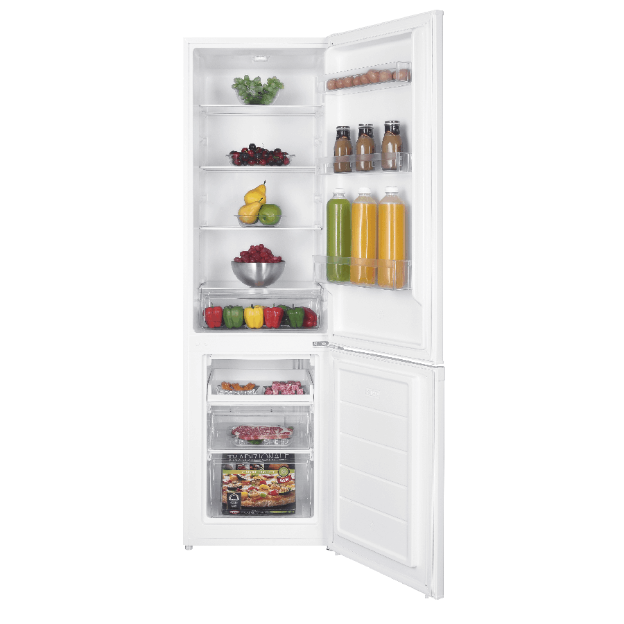 Un refrigerador blanco con la puerta abierta, lleno de alimentos. La puerta del congelador también está abierta.