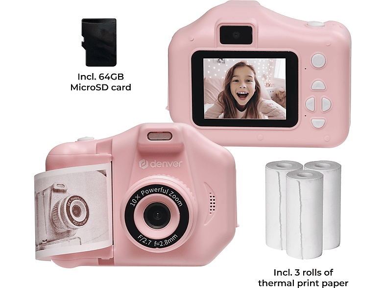Denver KPC-1370P Pink Blau Kinder-Kamera mit Thermodruckfunktion, 3 Rollen Papier und 64GB Micro-SD Karte