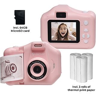 DENVER KPC-1370P Pink Blau Kinder-Kamera mit Thermodruckfunktion, 3 Rollen Papier und 64GB Micro-SD Karte