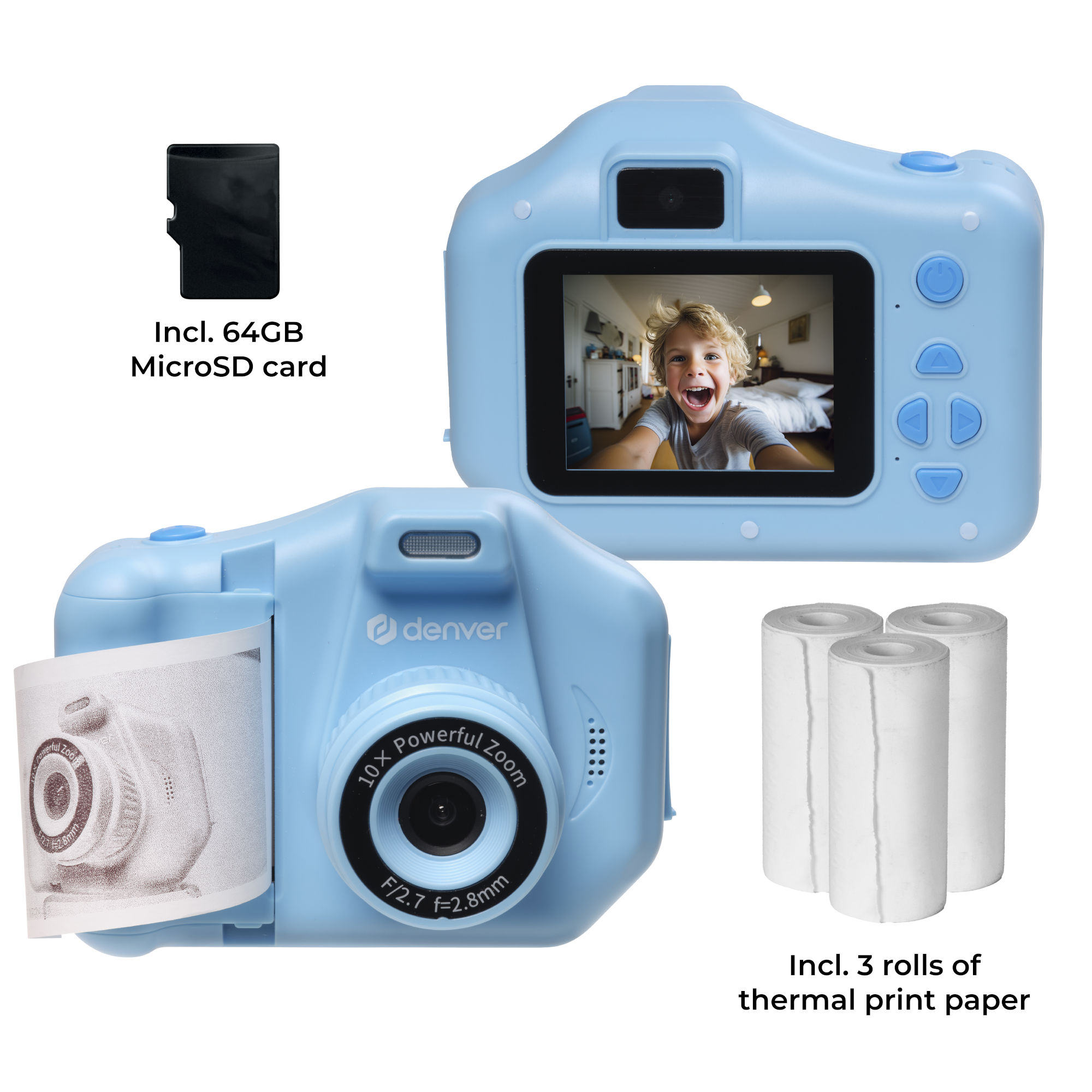 Blaue Kinderkamera mit Bildschirm, der einen Jungen zeigt. Inklusive Speicherkarte und Papierrollen.