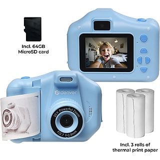 DENVER KPC-1370BU Blau Kinder-Kamera mit Thermodruckfunktion, 3 Rollen Papier und 64GB Micro-SD Karte