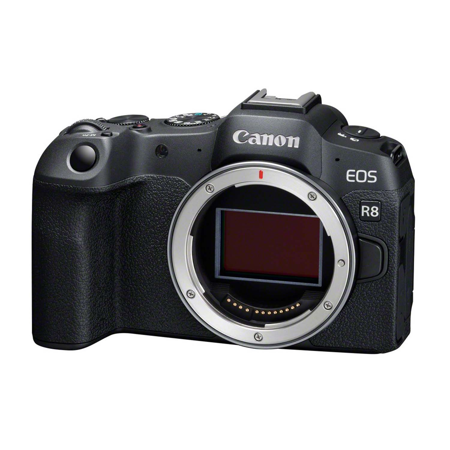 Fotocamera Canon EOS R8 nera. Attacco obiettivo argento. Logo Canon sopra.