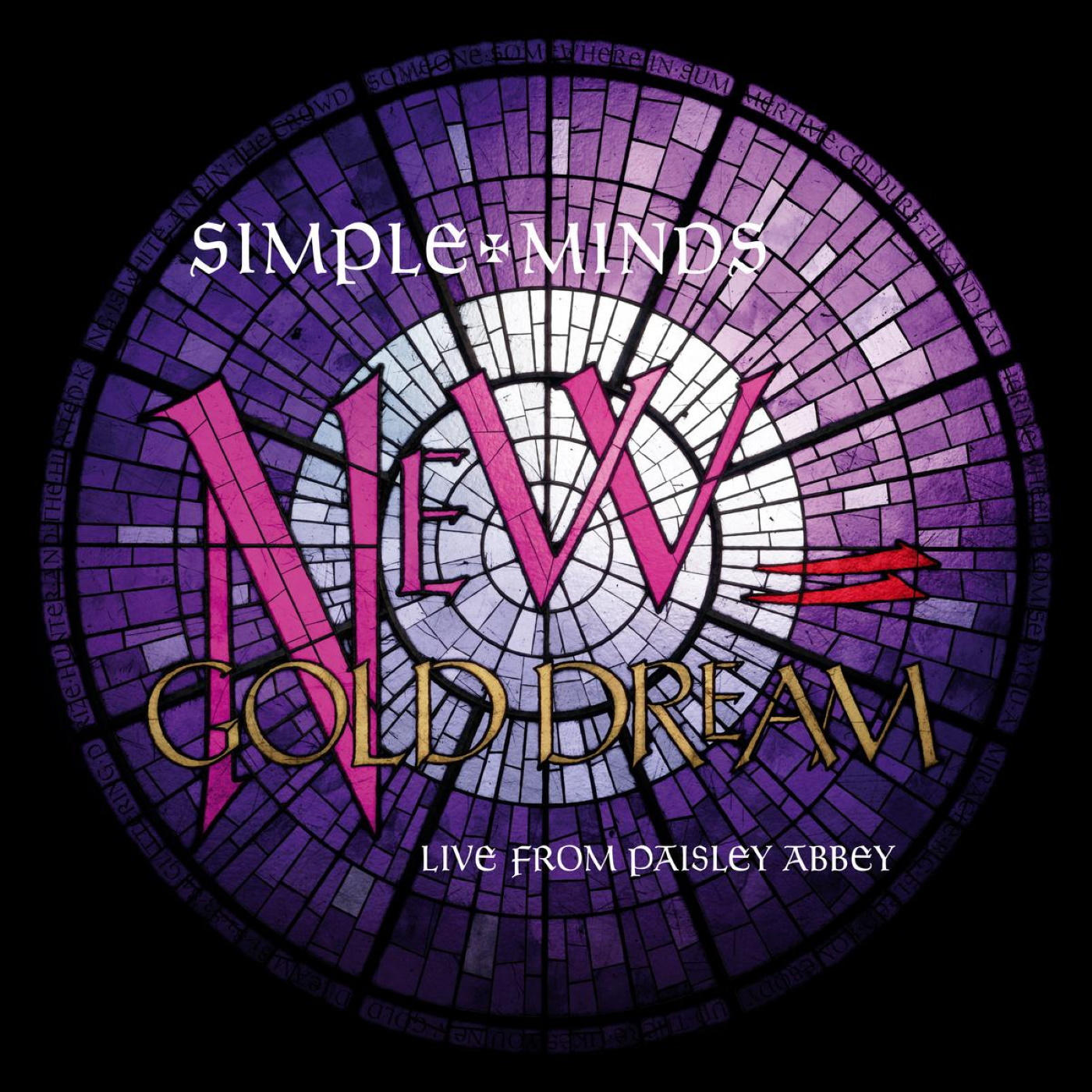 Album borító Simple Minds logóval és 'New Gold Dream' üvegablak stílusban.