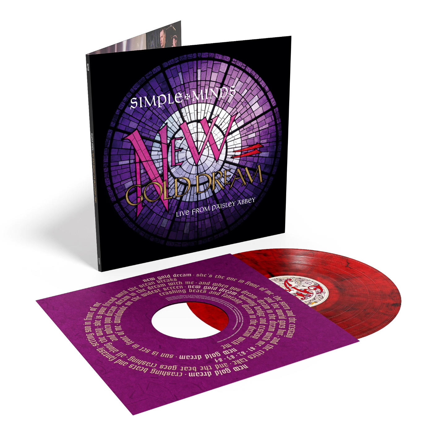 Simple Minds lemezalbum borítója és bakelit lemez, fehér háttérrel.
