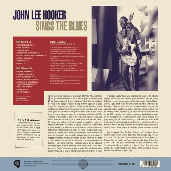 Album borító szöveggel: John Lee Hooker Sings the Blues. A művész fekete-fehér fotója.