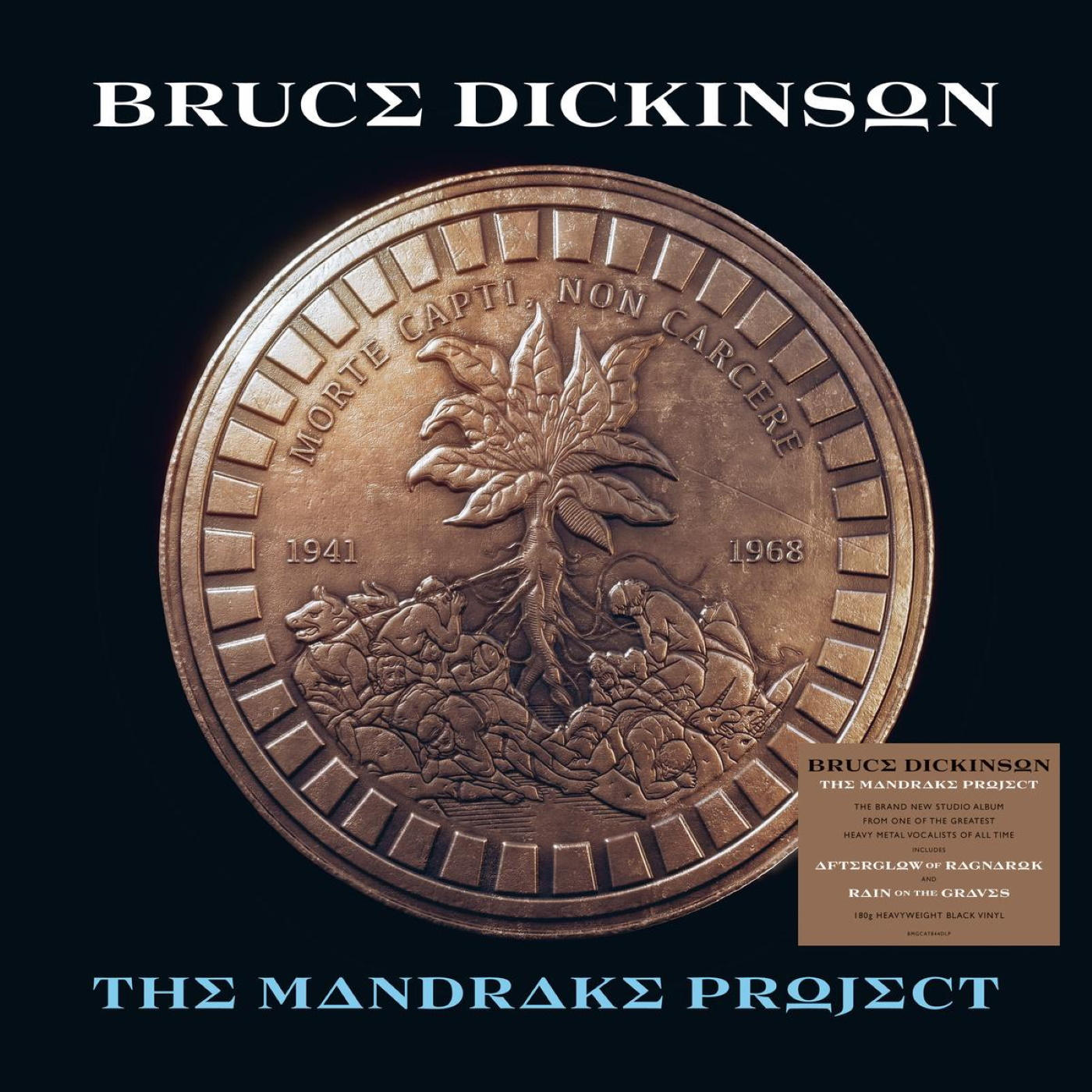 Album borító. Bruce Dickinson cím, érme középen fával. Szöveg és részletek alul.