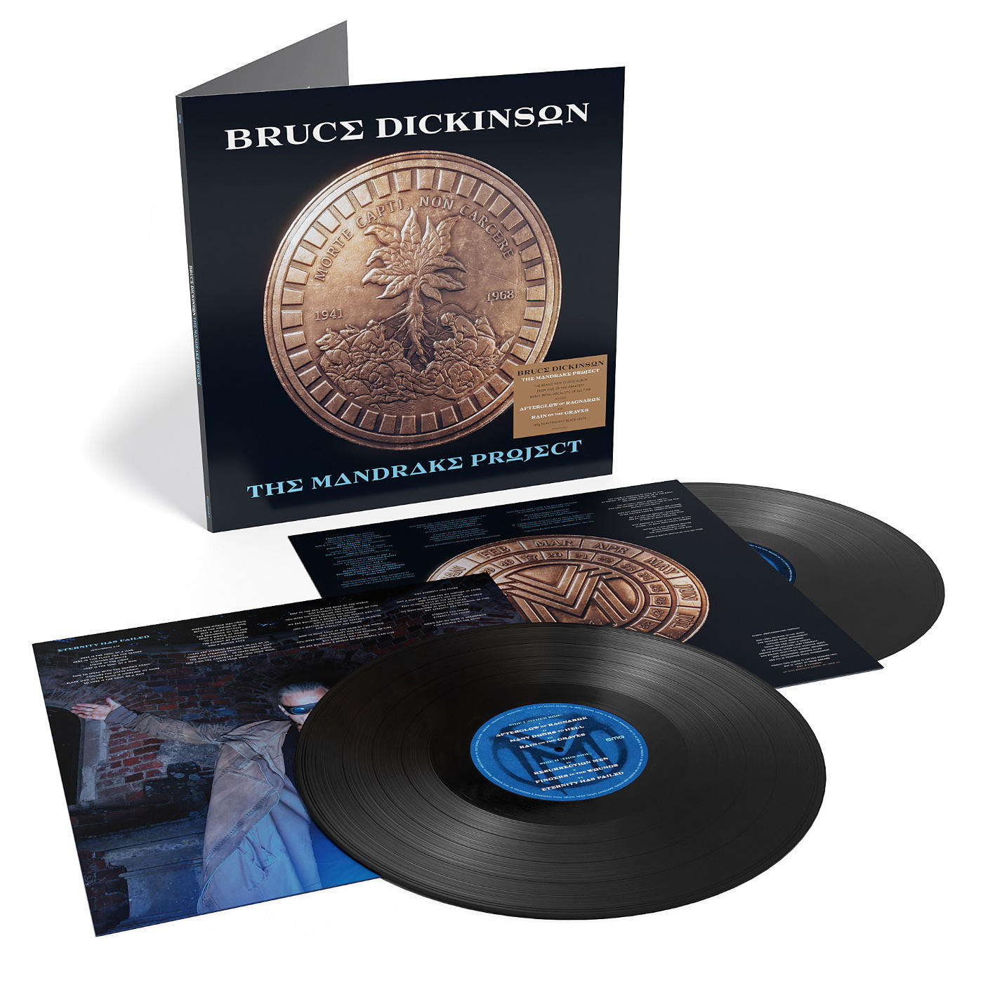 Bruce Dickinson 'The Mandrake Project' albumának borítója és bakelitjei. Arany pecsét a borítón.