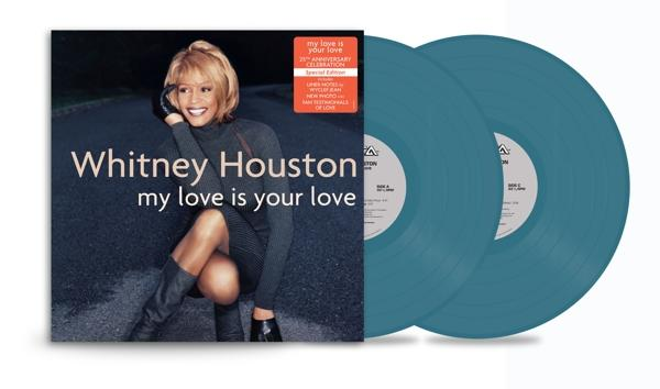 Whitney Houston album borítója két kék bakelit lemezzel.